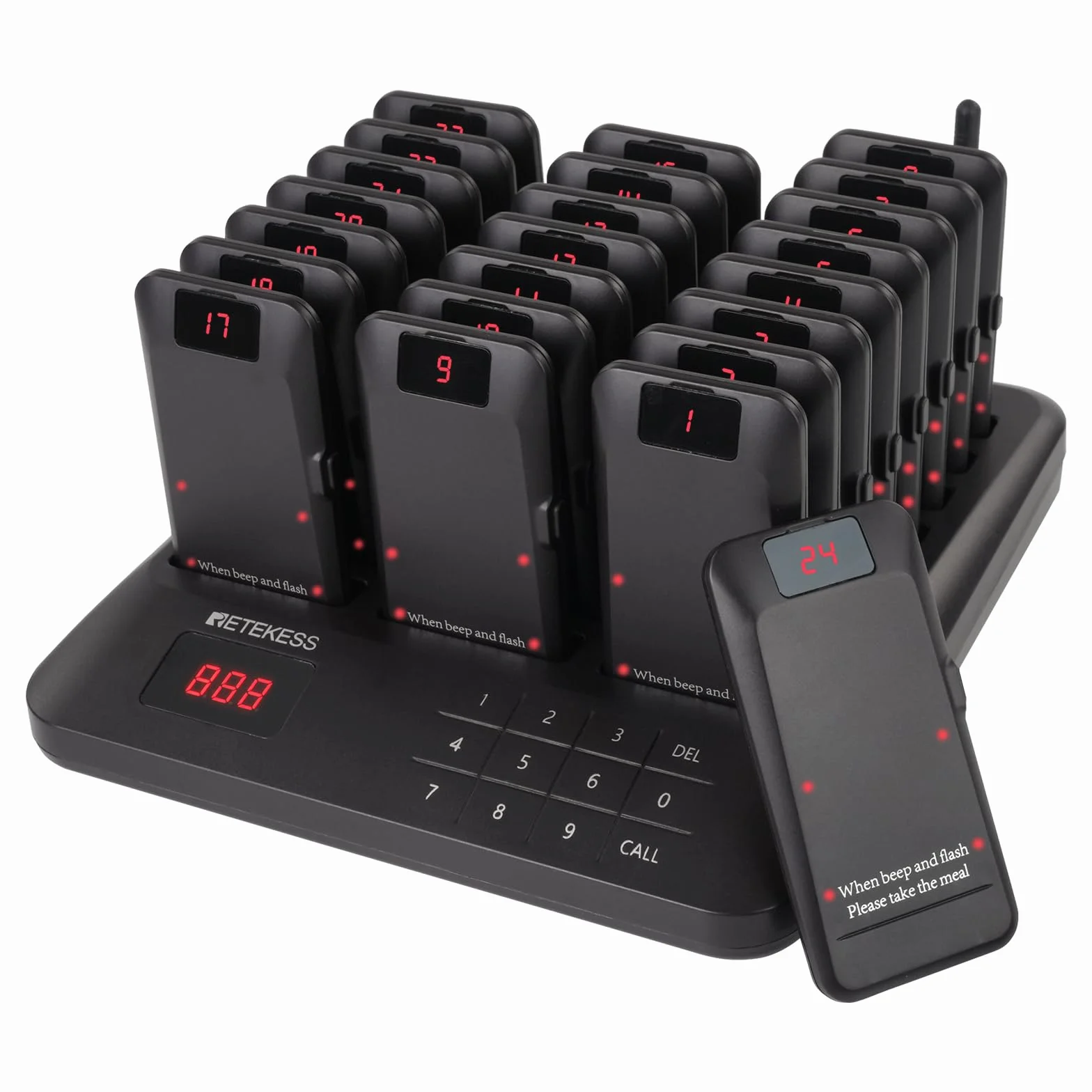 Retekess TD157P Pager Rufsystem, 800M Restaurant Pager, 24 Pagers, 39 Rufmodi, 300 mAh Akku 24H, Mit Stummschalttaste, Außer Reichweite Alarm, Pager Pieper für Food Court, Hotel, Bar