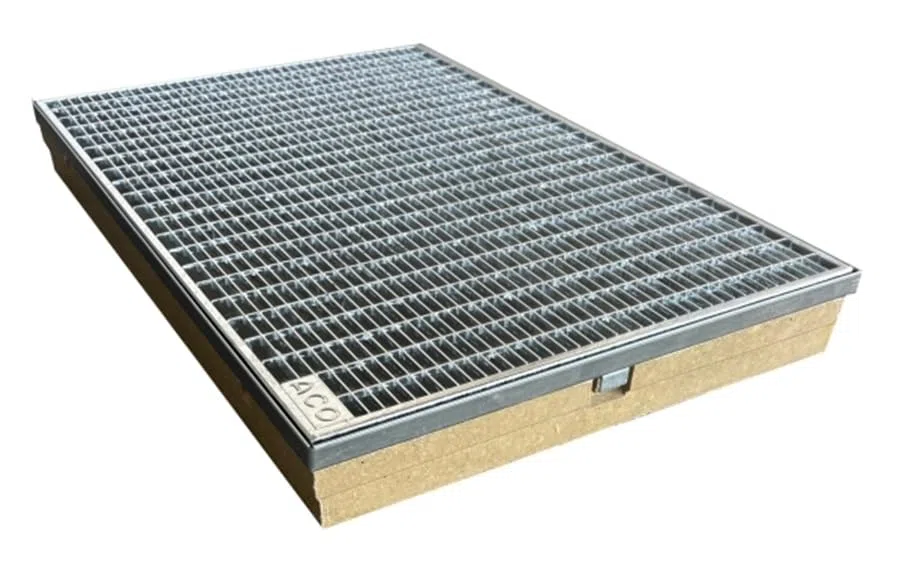 Aco Bodenwanne mit Stahlzarge 600 x 400 mit einliegendem Rost und Schnurwasserwaage
