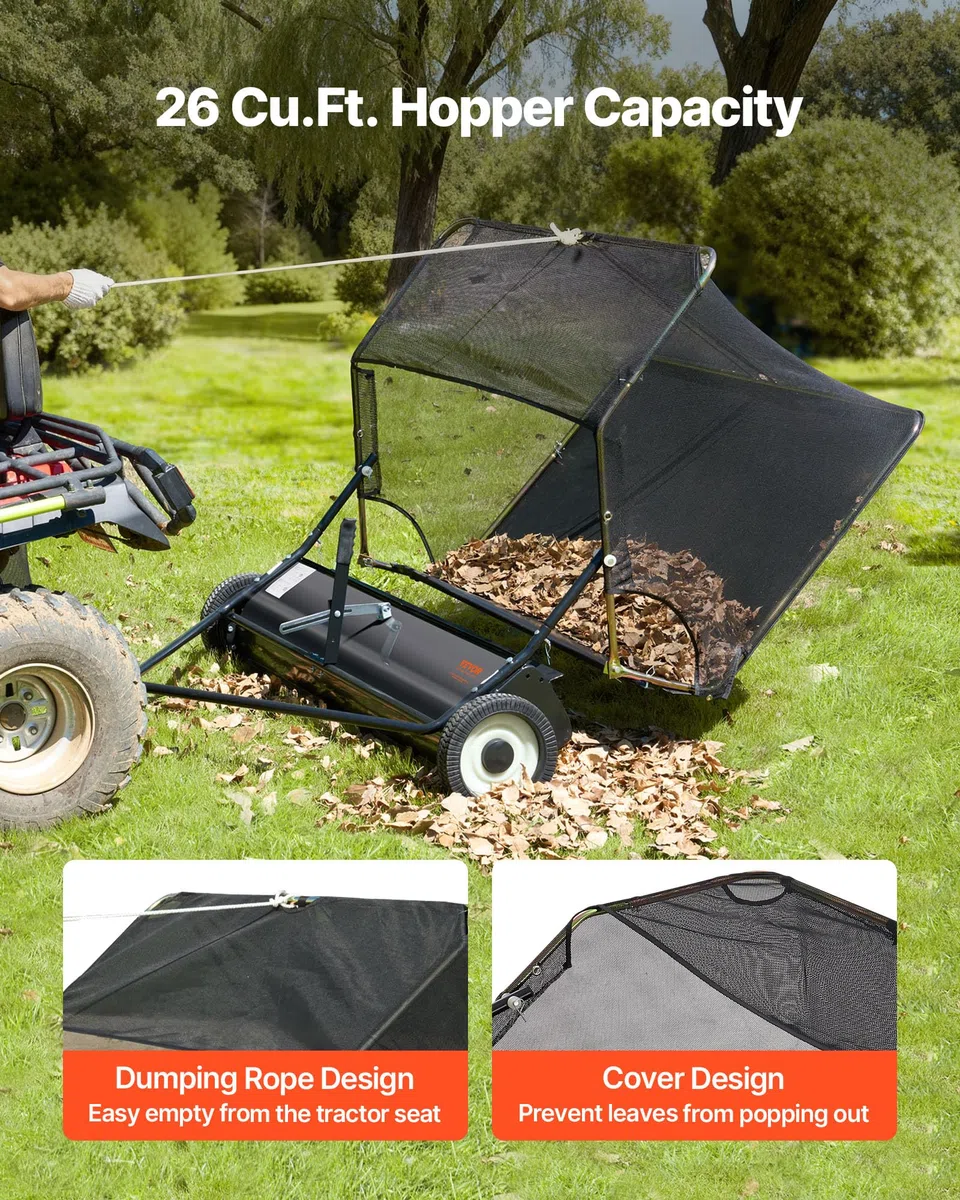 VEVOR Rasenkehrmaschine, 132 cm Kehrbreite, Laubkehrmaschine mit verstellbare Kehrhöhe, Rasenkehrer mit 736 L, Laubkehrer, Anhänge-Kehrmaschine für Rasentraktor, Garten, Hof, Rasenpflege