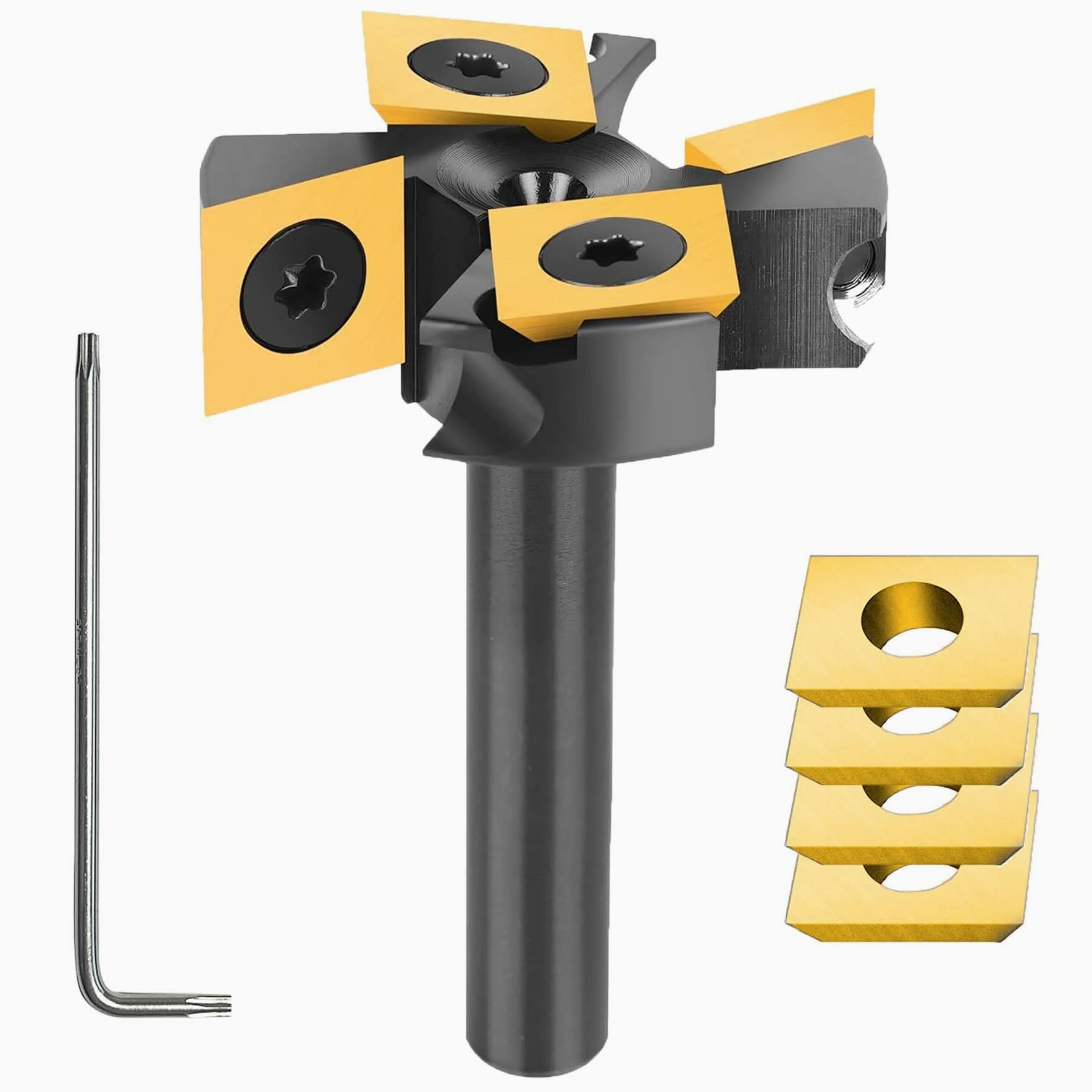 SpeTool Planfräser 8mm Schaft 38.1mm Schnittdurchmesser Planfräser mit 4 austauschbaren Hartmetallmessern (12mmx12mmx2,2mm) mit ATS Beschichtung 2+2 Wendeplatten CNC Fräser holz Flöten Oberflächenbit