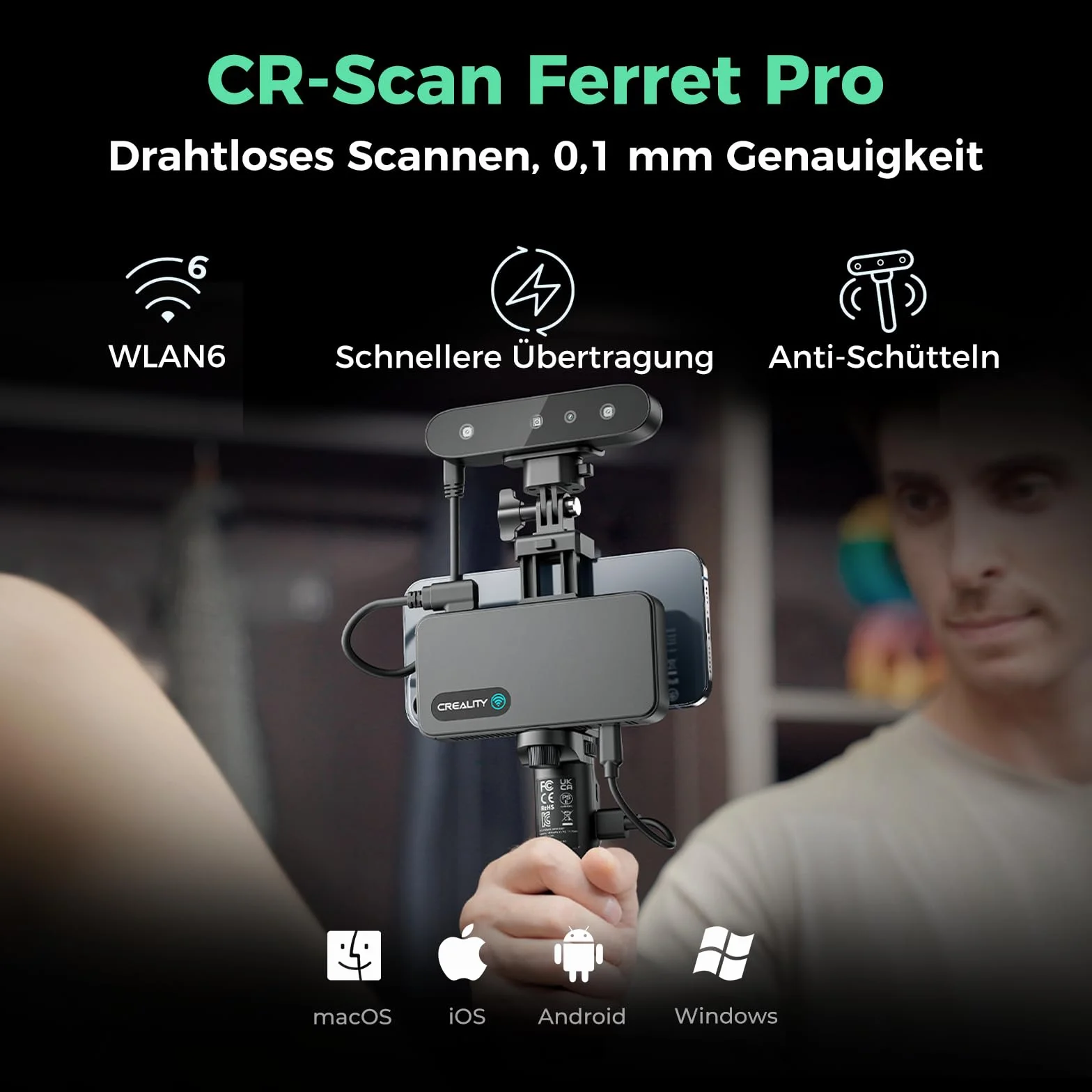 Creality CR-Scan Ferret Pro 3D-Scanner, Drahtlos, 0,1 mm Genauigkeit, Vollfarbscan 24-Bit, Anti-Shake Tracking, WiFi6 für iOS/Android/PC/Mac – Inkl. Powerbank-Stativ & Tragetasche