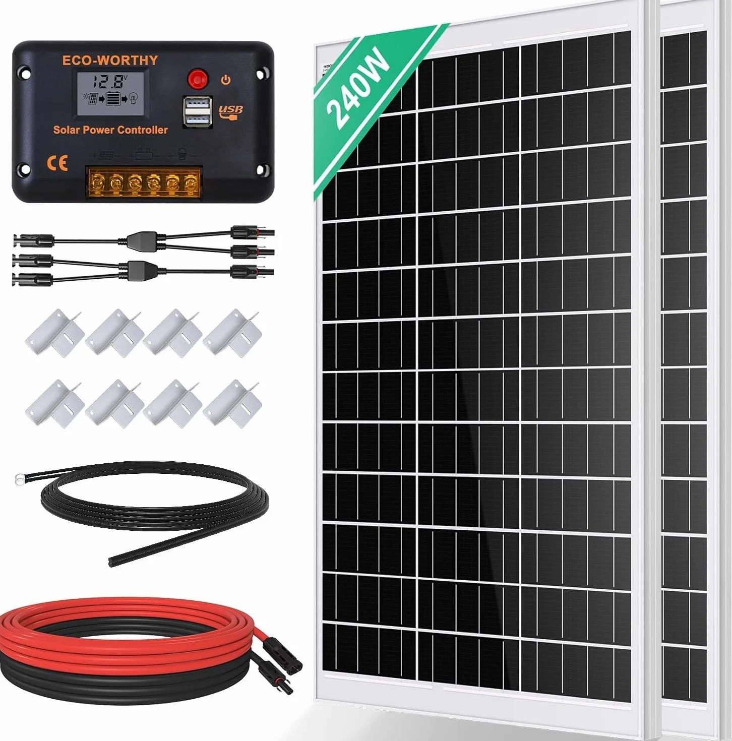 ECO-WORTHY Monokristallines Solarpanel Solarzelle kit 240 W enthält 12 V Solarmodul + 30 A Solarladeregler + 5m Solarkabel + Z-Befestigungsklammern für Wohnmobil,Wohnwagen,Haushalt und Off-Grid-System