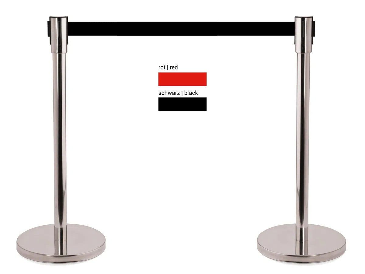 heyChef - 2er-Set | Absperrpfosten Edelstahl, Gurtband 200cm schwarz, VIP Bänder, Abgrenzungs-Ständer oder Personen-Leitsystem, Gurt Abstandshalter, Absperr-Pfosten