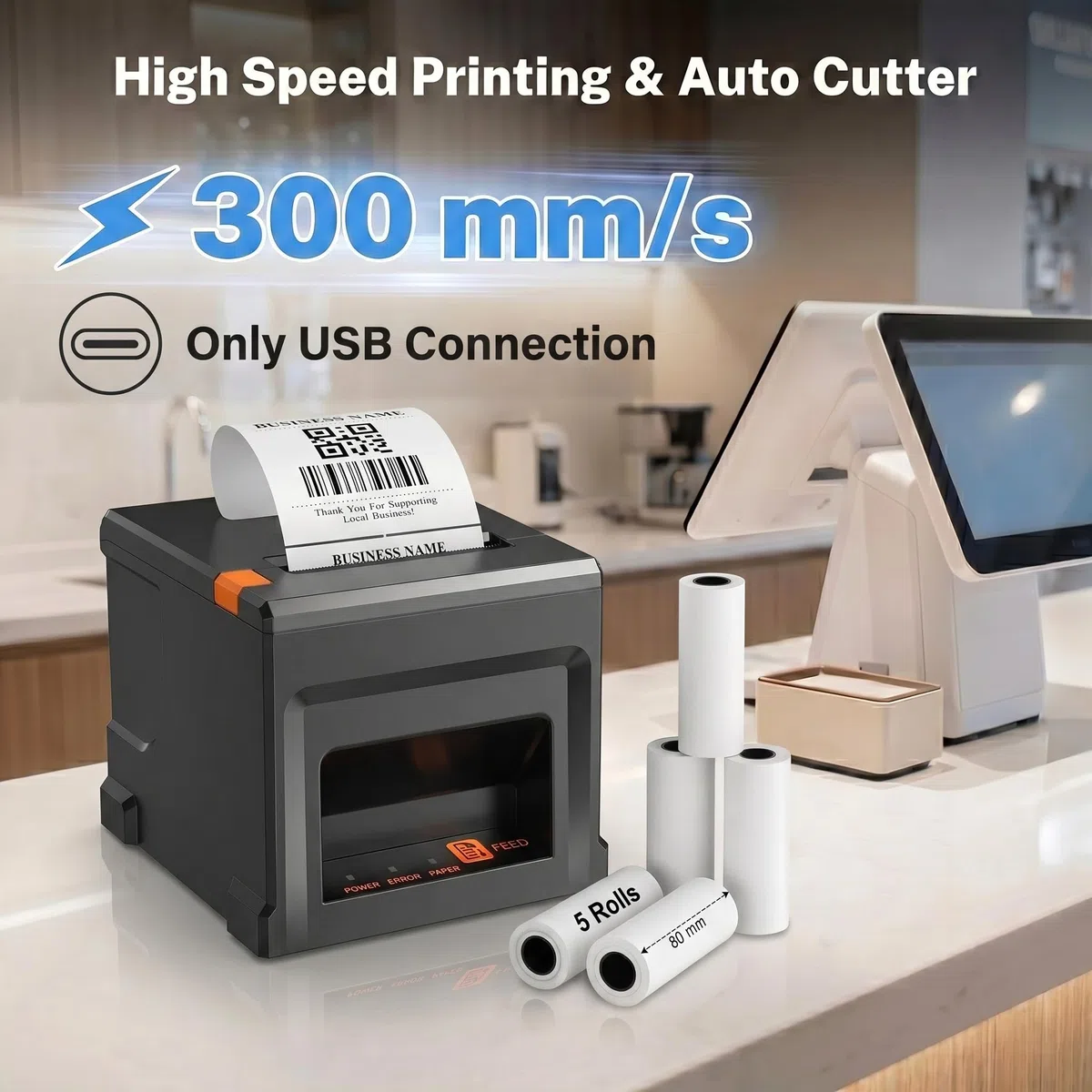 80mm POS Quittungsdrucker mit Auto-Cutter, 300mm/s USB Thermo Bondrucker, für Restaurant & Küche mit Lautsprecher-Signal, ESC/POS kompatibel (Windows/Mac/Linux)