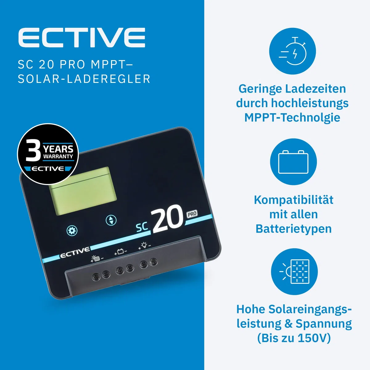 ECTIVE - Laderegler Solar 12/24 Volt SC 20 PRO - MPPT Solar-Laderegler 20A 100V mit Bluetooth – Solarladeregler Ladegerät für AGM, Gel, Lithium-Batterien - Solar Charge Controller ECE R10 Zertifiziert