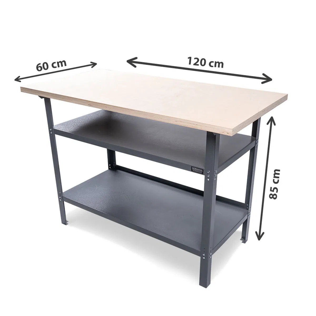 GERMANIA Werkbank mit Holzplatte - 120 x 60 x 85 cm - 2 Einlegeböden - Metallgestell - Tragekapazität bis zu 300kg - Werktisch, Werkstatttisch, Sägetisch, Arbeitstisch
