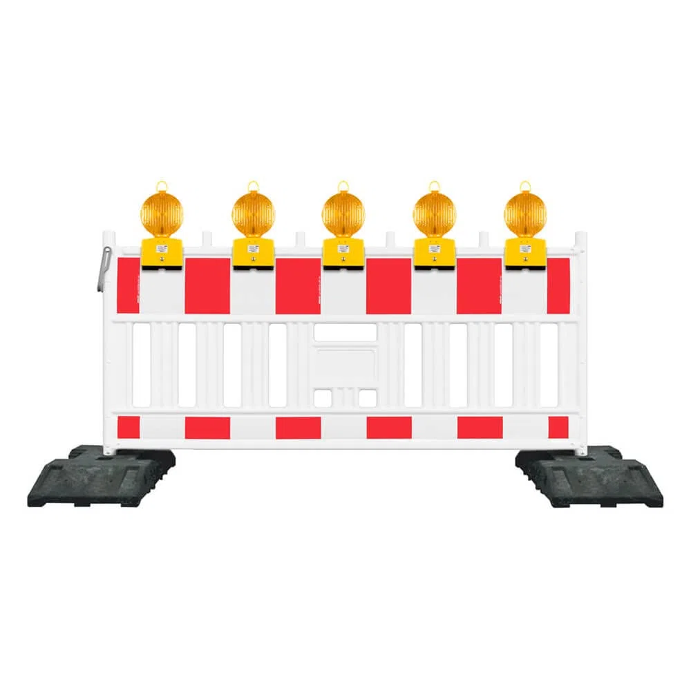 Absperr-Set, 2 m EURO1 Schrankenzaun, Fußplatten + 5 Blitzleuchten Gelb + ZTV-SA aus Kunststoff, Art.-Nr. 608008 | Schrankenzaun | Absperrschranke | Absperrzaun
