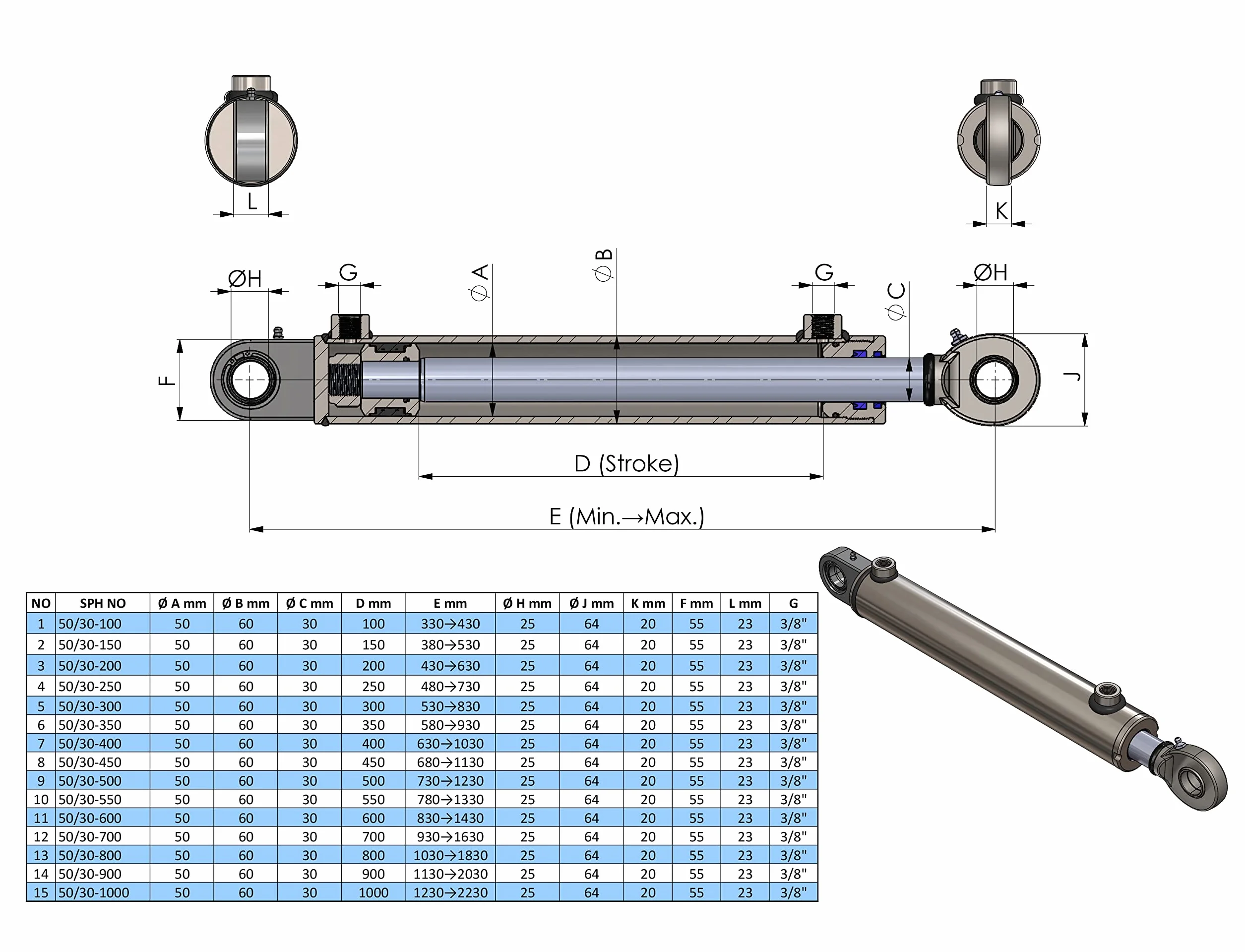 Hydraulikzylinder doppelwirkend mit Gelenkauge (40/25, 500 mm)