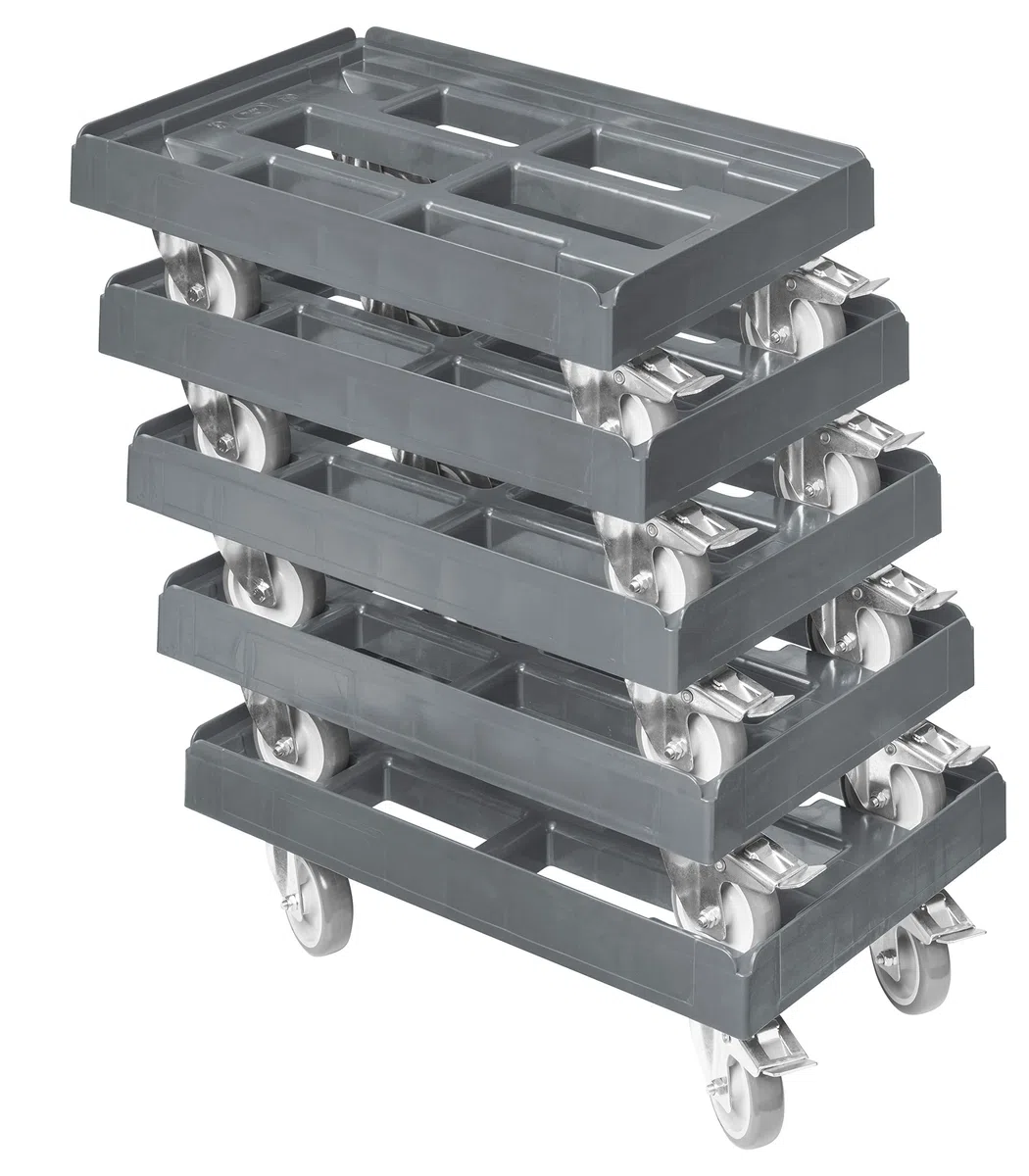 5 Stück Transportroller für Kisten 60 x 40 cm mit 2 Bremsen in grau