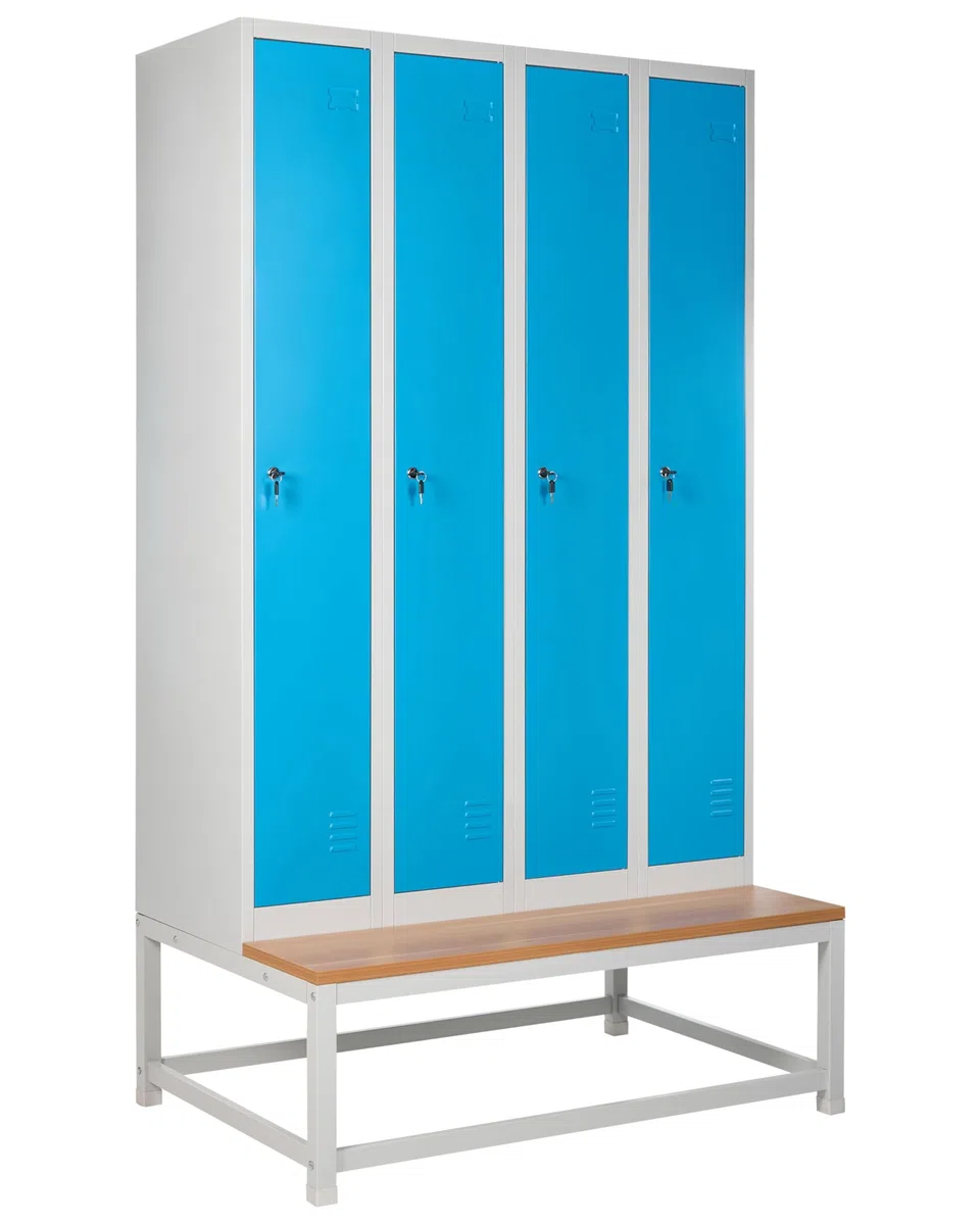 Beliani Viererspind Umkleideschrank 4-türig mit Sitzbank Metall grau/blau abschließbar Athlete