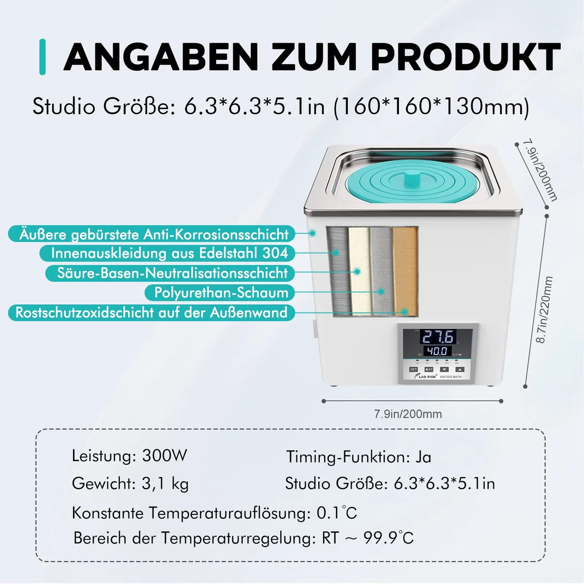 LAB FISH Laborwasserbad 3L, 300W - Einzelbohrung, Edelstahl - Präzisions-Thermostat ±0,1°C - Timer 0-999 Min - LED Display