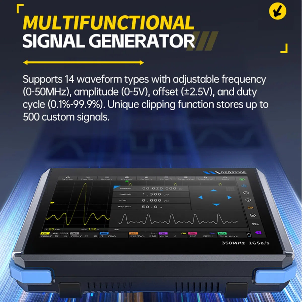DEWIN Digitales Oszilloskop, DPOS350P 4-in-1 350mHz 1GSPS Tablet-oszilloskop Signalgenerator Spektrumanalysator Frequenzganganalysator