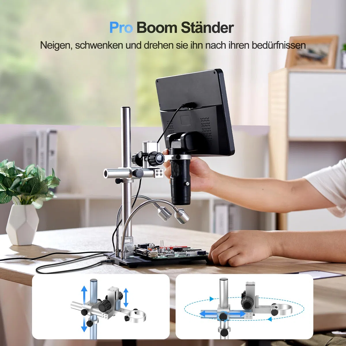 TOMLOV DM602 Pro 10,1 Zoll 3 Objektiv Digitales Mikroskop, 2K 24MP HDMI Lötmikroskop/Biologisches Microscope mit 144 Einstellbaren LED-Ring-Licht, 64GB Karte, 10" Stabiler Ständer, TV/PC Kompatibel