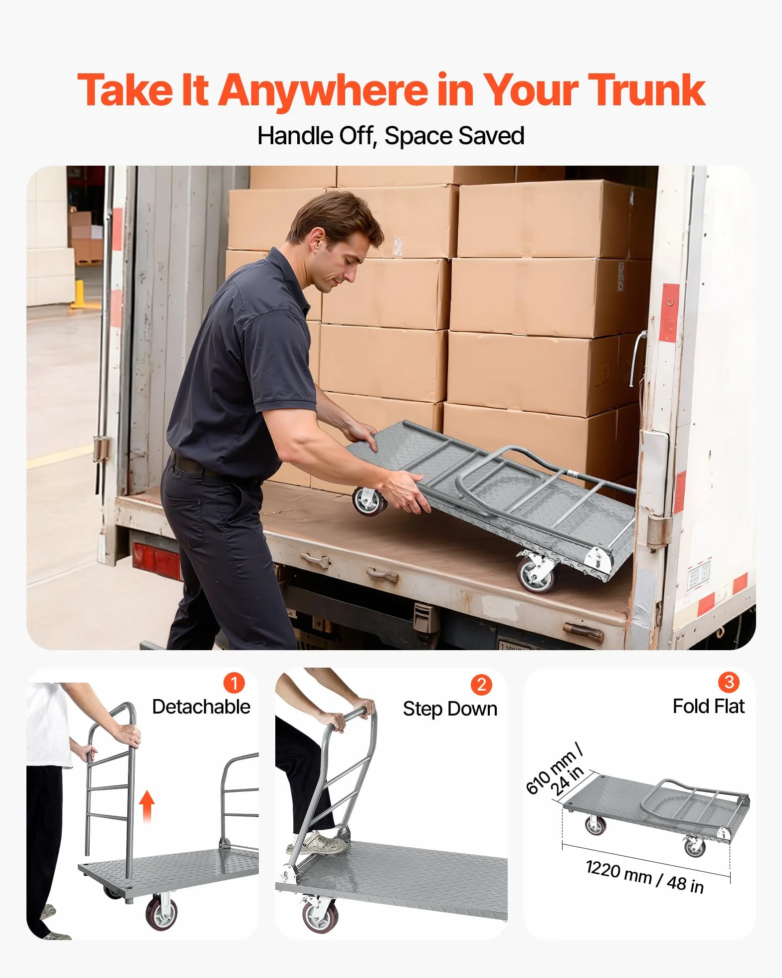 VEVOR Plattformwagen Klappbar 1202 kg, Schwerlast-Transportwagen mit abnehmbarem Geländer & Schwenkrädern, Industriewagen, für Supermärkte, Garagen & Lagerhallen, 1220x610x920 mm Rollwagen