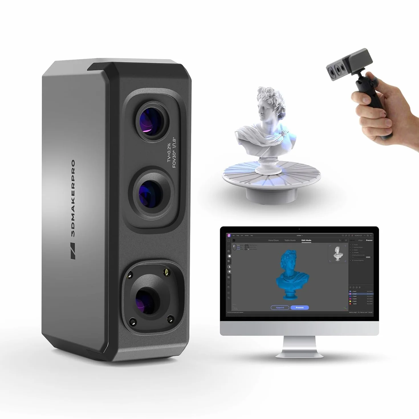 3DMakerpro Seal Lite 3D-Scanner Set für 3D-Drucker mit Stativ & Drehtisch, 0,02 mm Präzision, blaue LED-Strukturlicht-Technologie, Mini 3D Scanner für Kleinformat (10-300mm), Windows & Mac, STL/OBJ