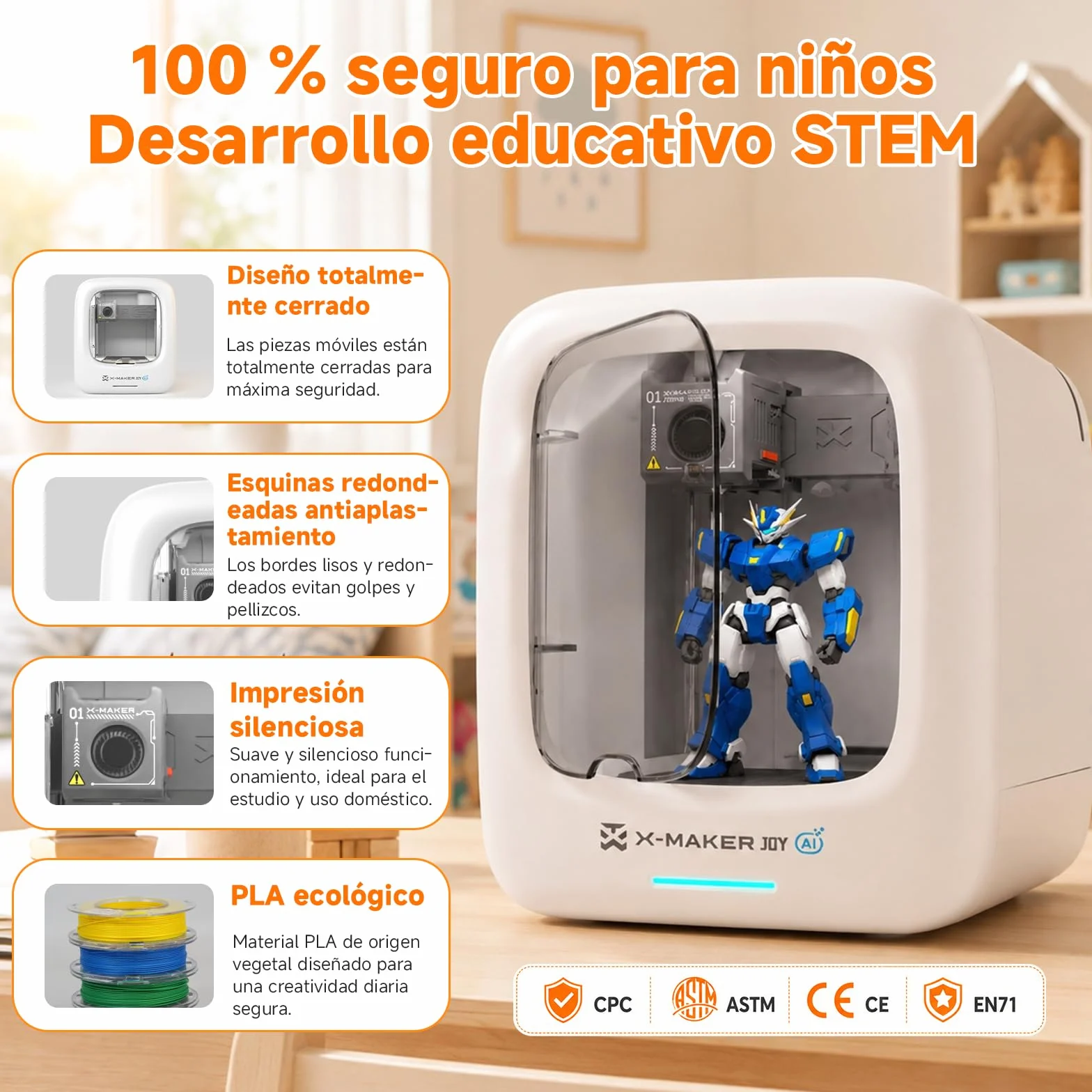 KI-gestützter 3D-Drucker, 3D-Drucker mit 8 PLA-Filament-Set, KI Design-App, umfangreiche Sammlung an 3D-Kreativvorlagen, mit 16+ Mini-3D-Designmodulen, App&WiFi-Steuerung,vollständig geschlossene