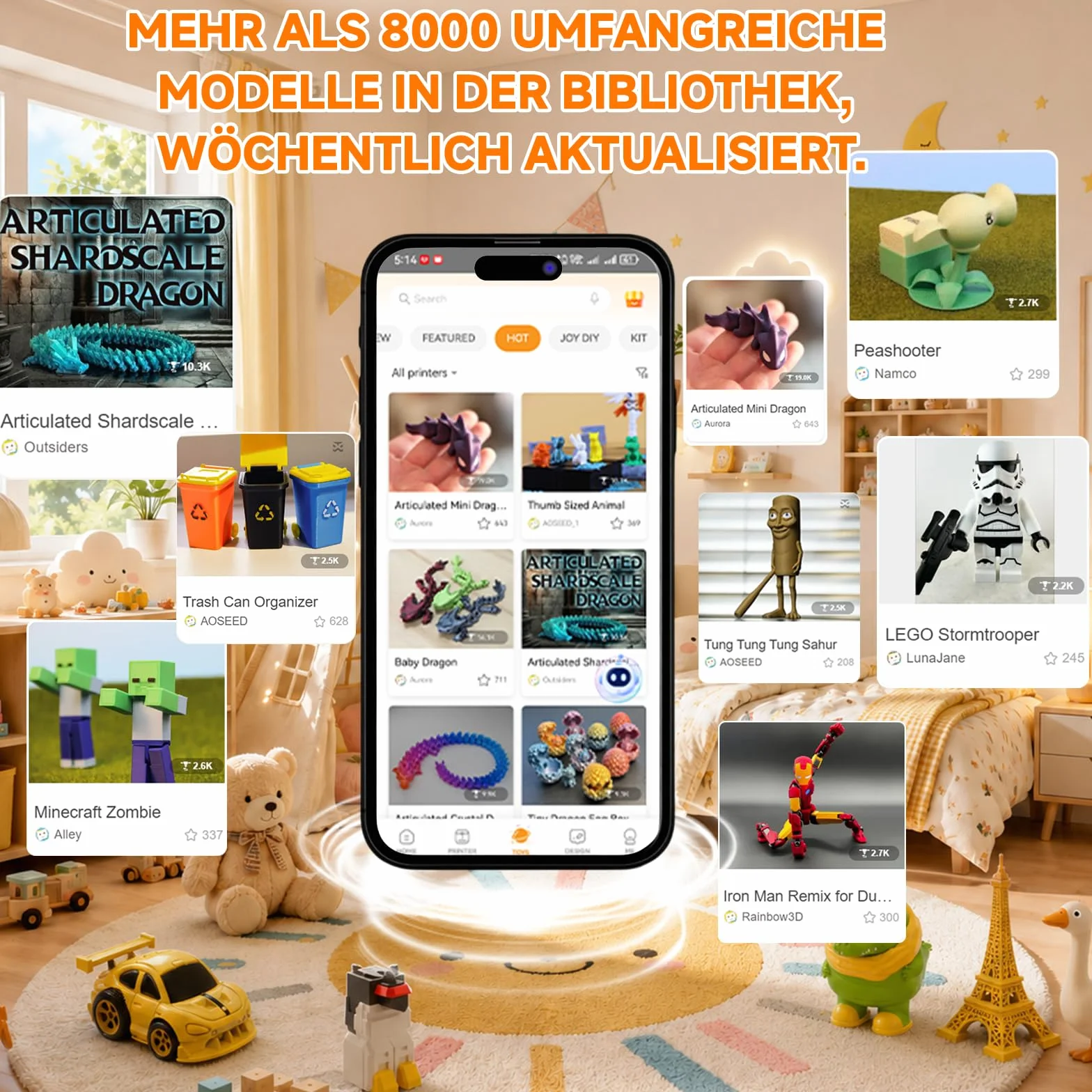 KI-gestützter 3D-Drucker, 3D-Drucker mit 8 PLA-Filament-Set, KI Design-App, umfangreiche Sammlung an 3D-Kreativvorlagen, mit 16+ Mini-3D-Designmodulen, App&WiFi-Steuerung,vollständig geschlossene