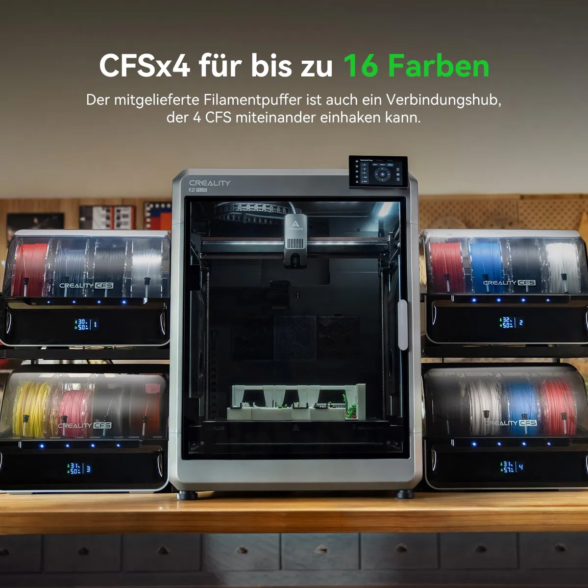Creality K2 Plus Combo 3D Drucker, Mehrfarbig mit CFS, Großes Bauvolumen 350x350x350 mm, Geschwindigkeit 600 mm/s, Aktiv beheizte Kammer für PLA-CF PA PET ASA PPA