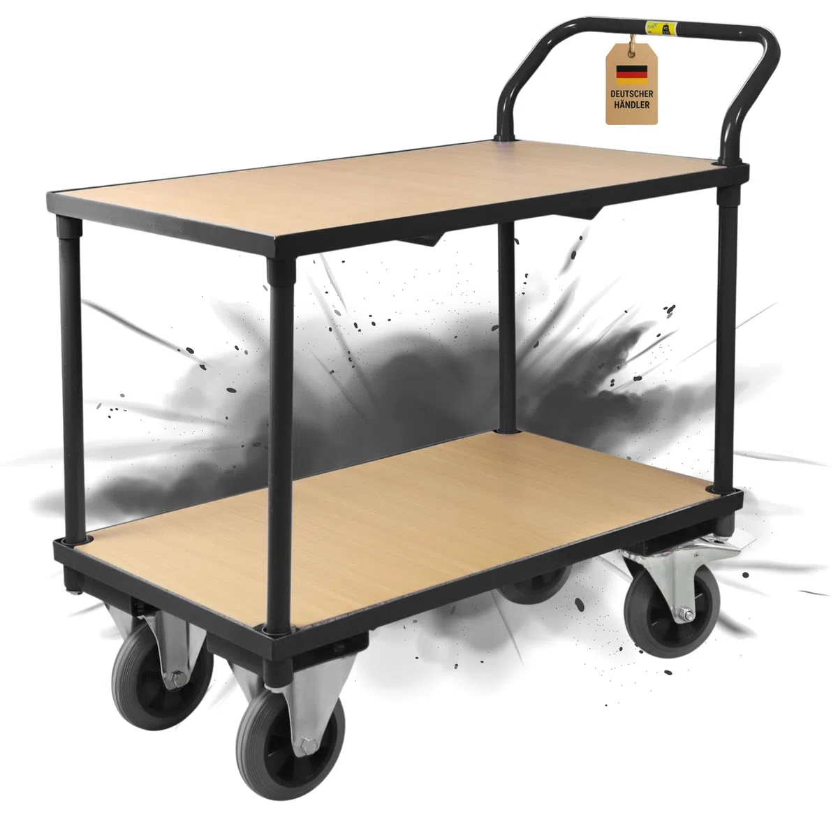 Etagenwagen schwarz 400 kg Traglast – Rollwagen mit 2 Ebenen & Vollgummireifen – Plattformwagen Stahl 95x50x97 cm – Robuster Werkstattwagen Kommissionierwagen Tischwagen (1, schwarz)