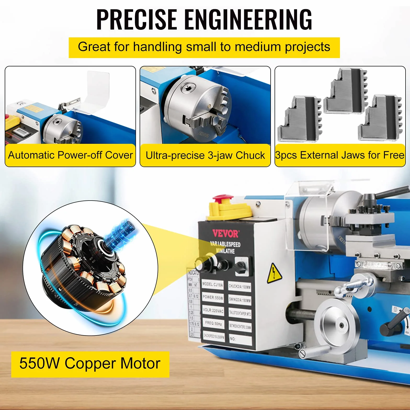 VEVOR Mini Drehmaschine 550 W, Metall Drehbank Max. 2500 U/Min, Tischdrehmaschine, Gewinde 12-52 TPI, Zubehör Inkl.
