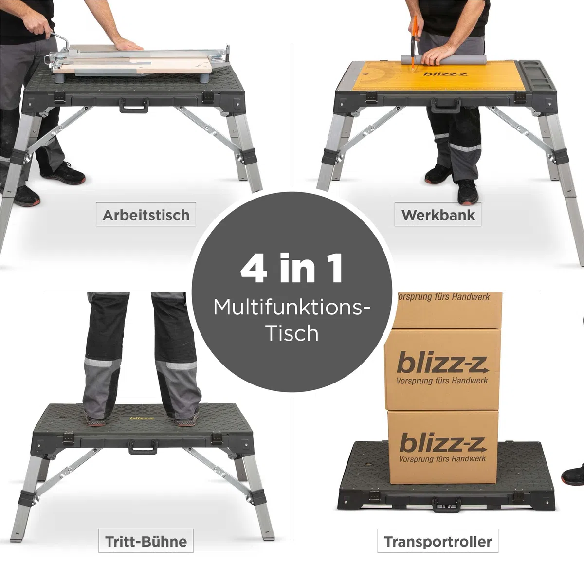blizz-z 4-in-1 Multifunktions Arbeitstisch Maße 98 x 52 cm | verstellbar klappbar tragbar | universell als Werkbank, Transportroller & Werktisch einsetzbar | für komfortables rückenschonendes Arbeiten