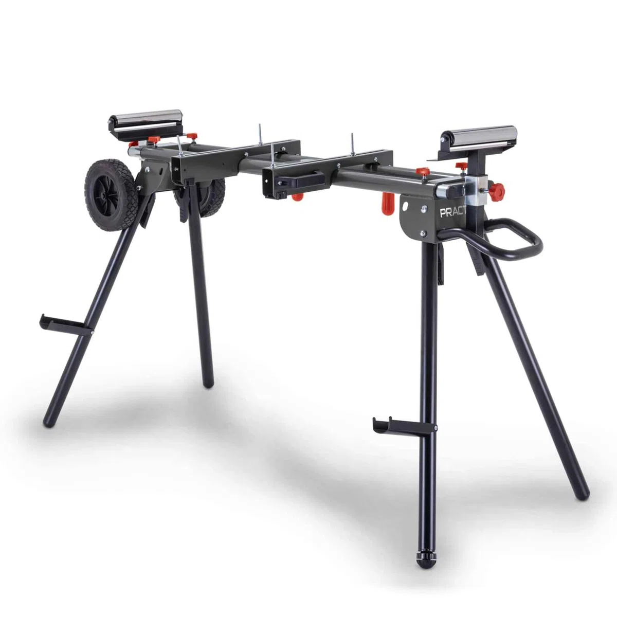 Practixx Untergestell für Kappsägen mit Rollen PX-UG-2000R | ausziehbar 1185-2000mm | Traglast 200kg | höhenverstellbare Rollenführung | Arbeitstisch mit Räder | inkl. Ablage für Werkstücke und Griff