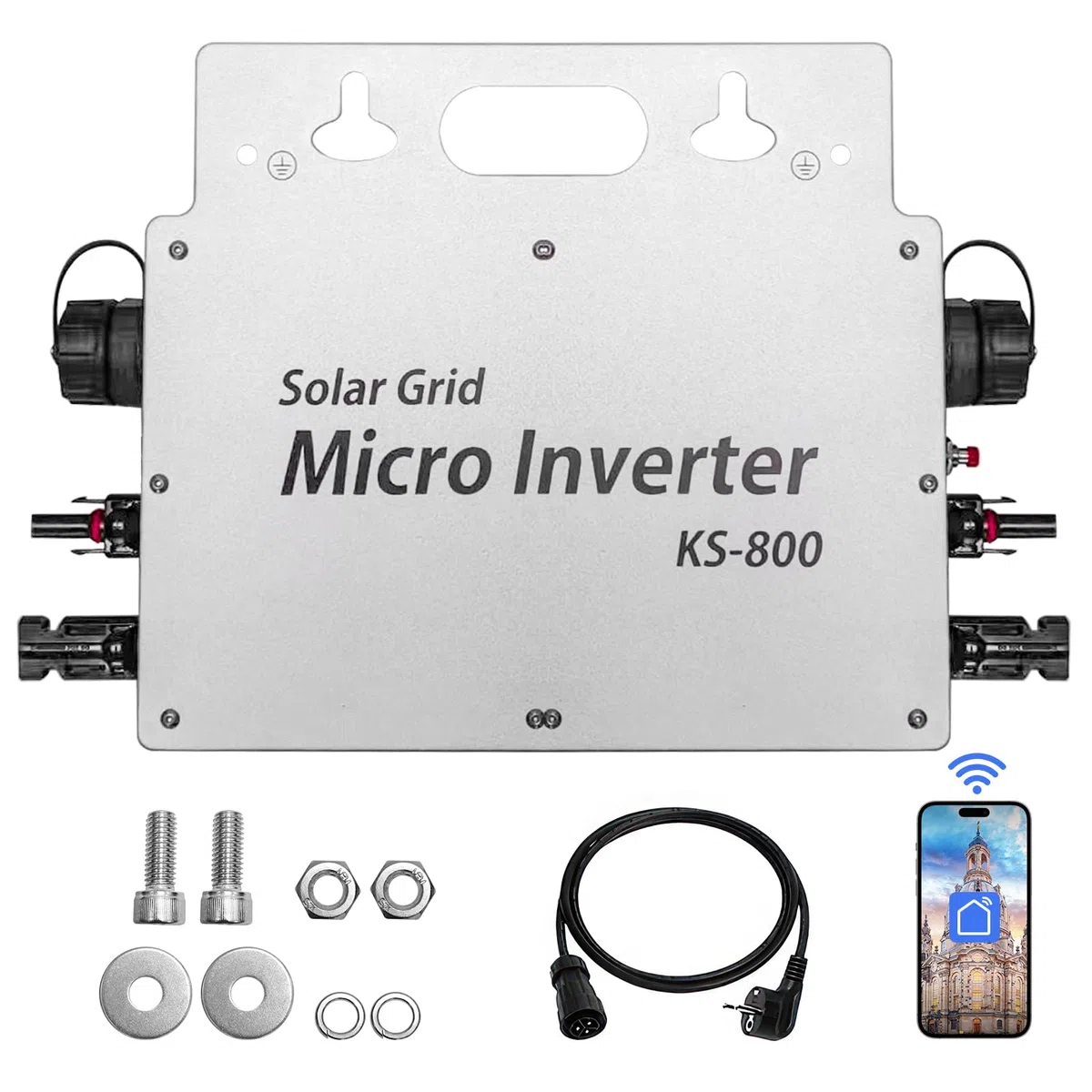 Wechselrichter 800w - Wechselrichter IP65 Wasserdicht - Wechselrichter Solar Mit WLAN APP Für 2 Solarmodule Für Balkonkraftwerk, Wechselrichter Balkonkraftwerk 190-270V AC, Silber