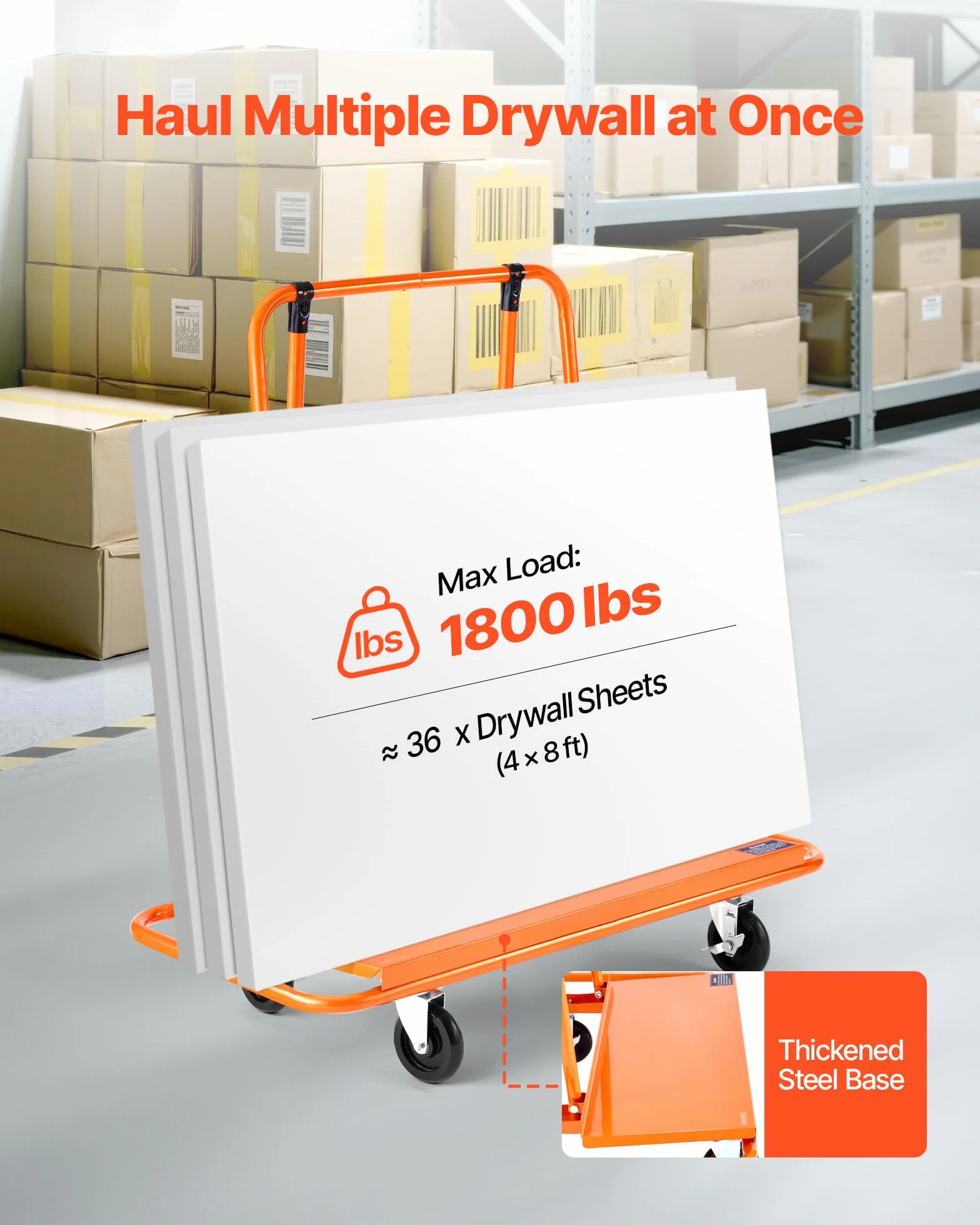 VEVOR Plattenwagen, 816 kg Tragkraft, Transportwagen mit 4 Lenkrollen, Paneelwagen, Plattenkarren mit Spanngurt, Transporthilfe für Sperrholz, Gipskarton, Glas, Orange, 1150x555x1180 mm