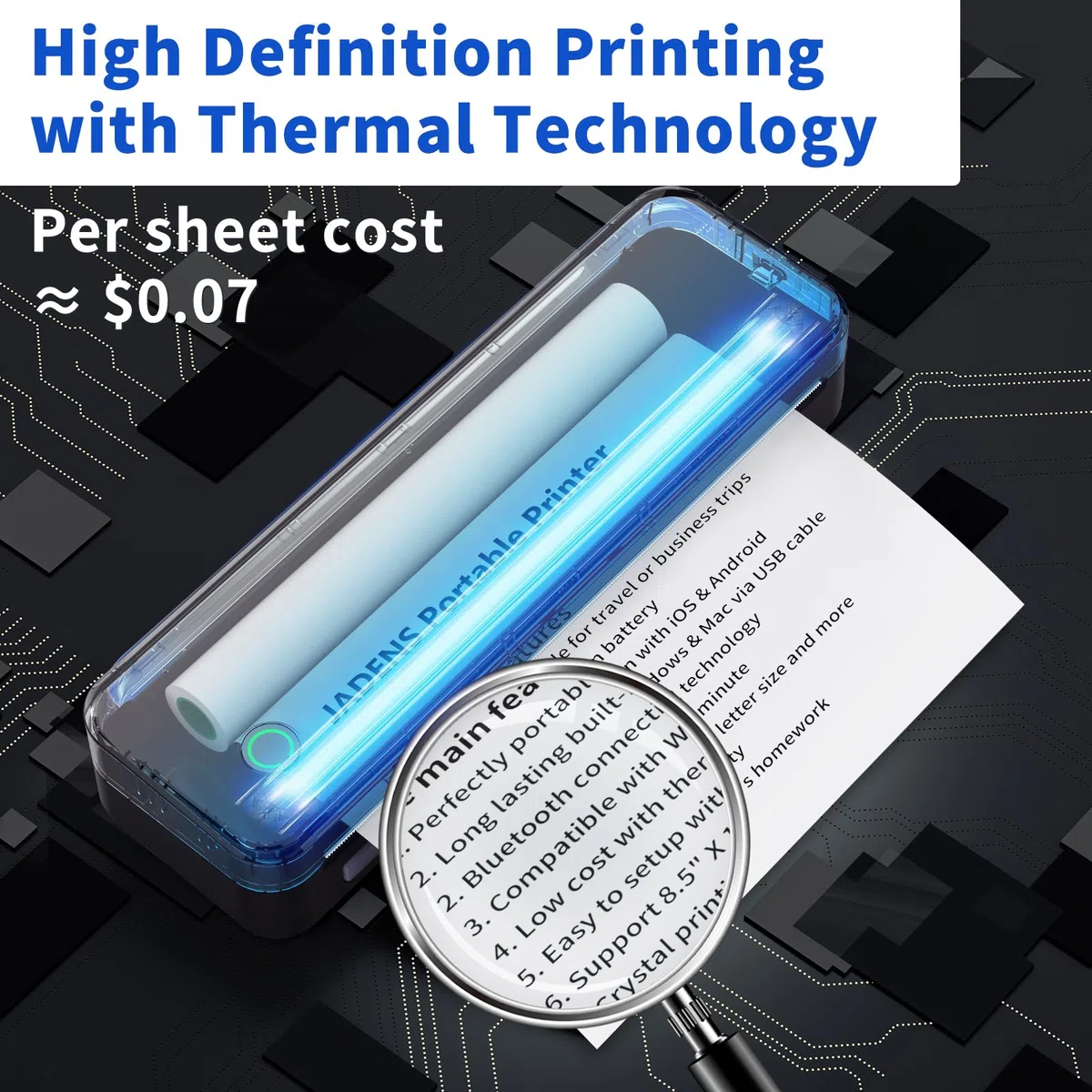 JADENS Portable Thermal Drucker, Unterstützen 210x297mm A4, Bluetooth Mobile Tragbarer Drucker A4, kompatibel mit Android und iOS für Unterwegs & Laptop