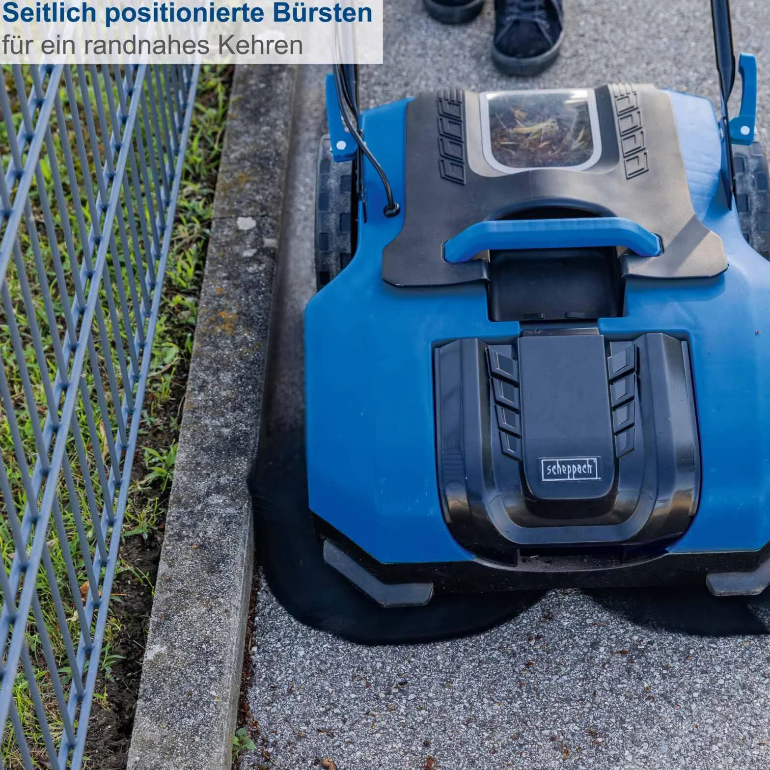 Scheppach Akku-Kehrmaschine C-S610-X, 610 mm Arbeitsbreite, max. Flächenleistung 2000 m² | Bürstengeschwindigkeit 160/190 / 220 U/Min | 20-V-IXES-Serie | inkl. 4Ah Akku & 2,4A Ladegerät