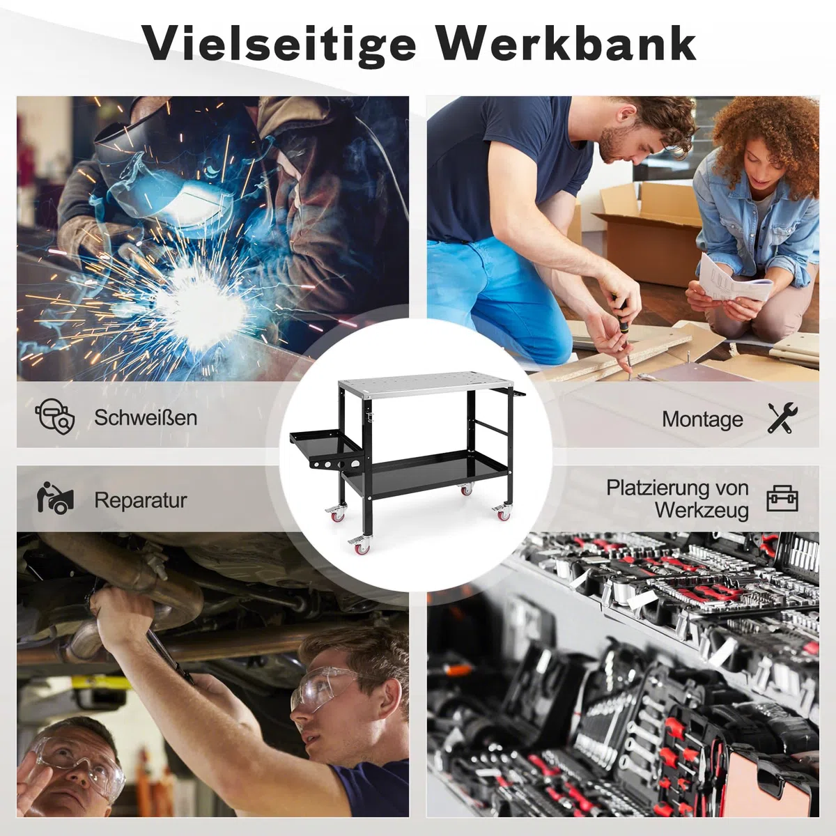 GYMAX Mobiler Schweißtisch 92x46cm, Werkbank mit 2 Ablage & Seitentablett, Schweißwagen mit 2 Schweißdüsenhaltern, 8 Werkzeugschlitzen & Rädern, Schweißwerkbank 540 kg Tragfähigkeit