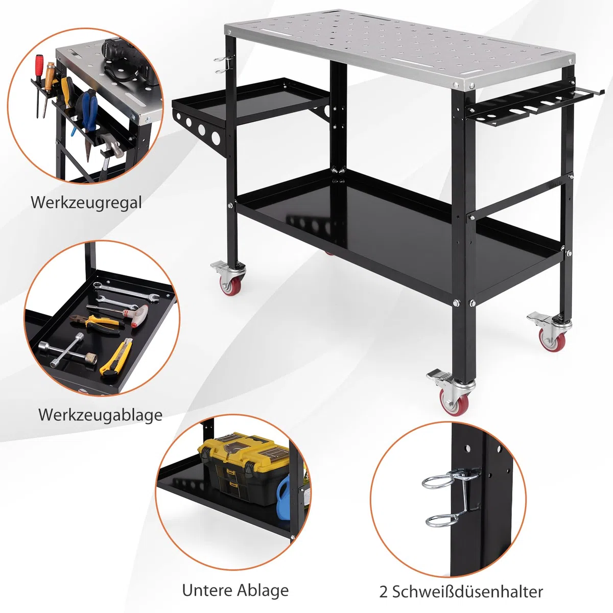 GYMAX Mobiler Schweißtisch 92x46cm, Werkbank mit 2 Ablage & Seitentablett, Schweißwagen mit 2 Schweißdüsenhaltern, 8 Werkzeugschlitzen & Rädern, Schweißwerkbank 540 kg Tragfähigkeit