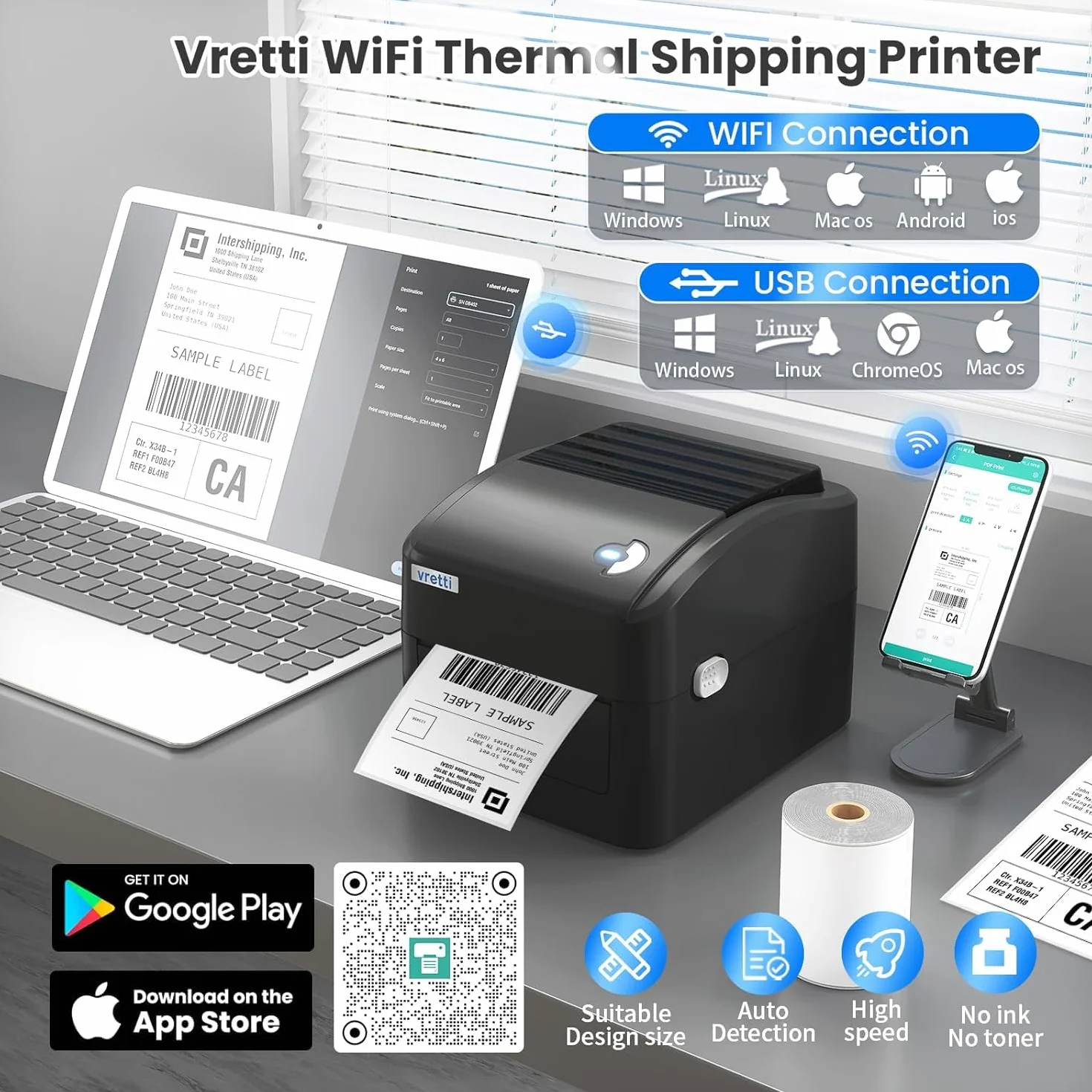 vretti Etikettendrucker WiFi & USB [2025] - DHL Labeldrucker 4x6 mit XXL-Papierlager | 99,99% Scansicherheit, 3-fache Druckerkopflanglebigkeit, Kompatibel mit Amazon, Shopify, DHL, UPS, Ohne Toner