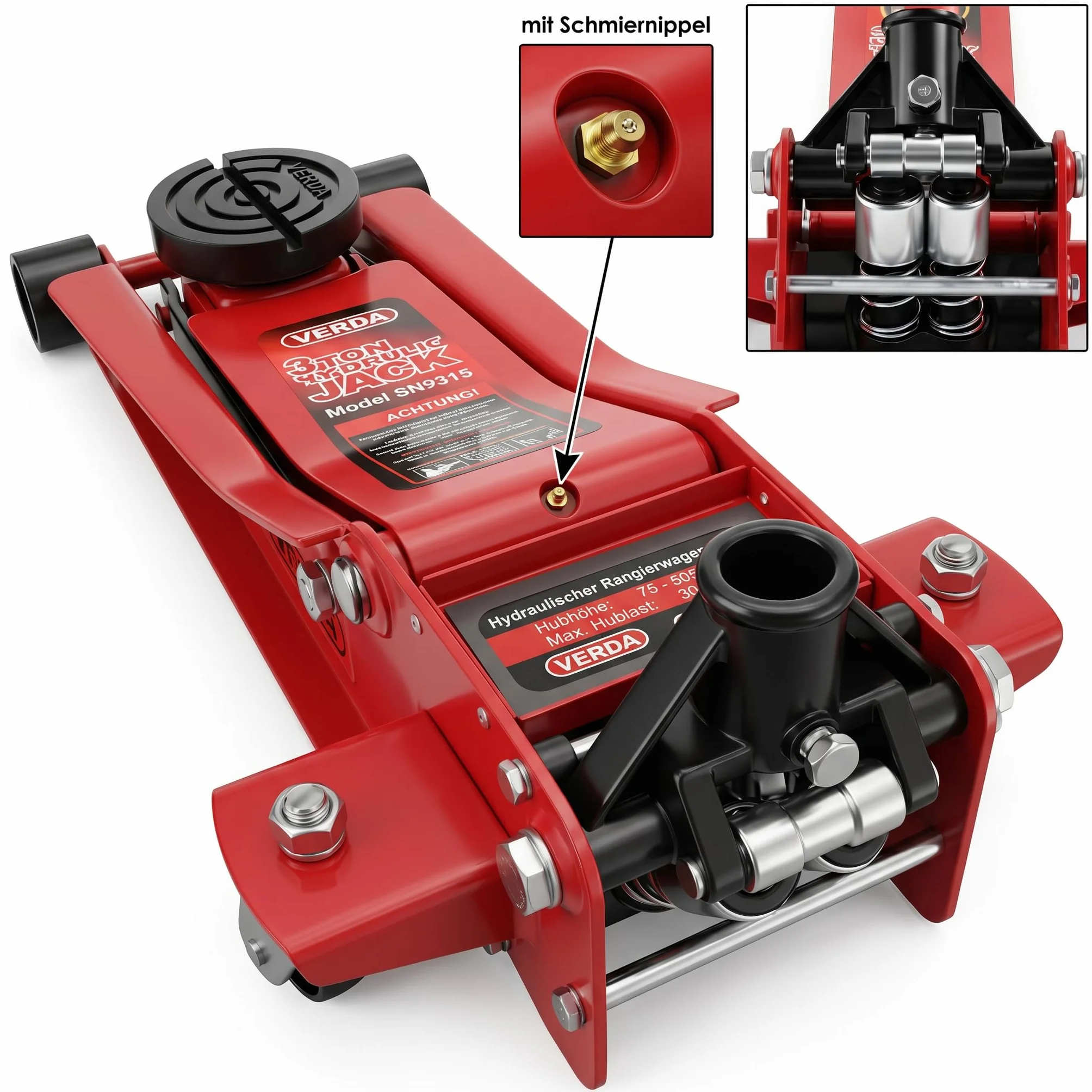 Verda Wagenheber hydraulisch 3T - Hubhöhe 75-515 mm, Mit Fußpedal, mit Schmiernippel, 2X Gummi, Rangierwagenheber PKW Auto Heber, SUV, Doppelpumpsystem, Extra Stabil & Sicher Flacher