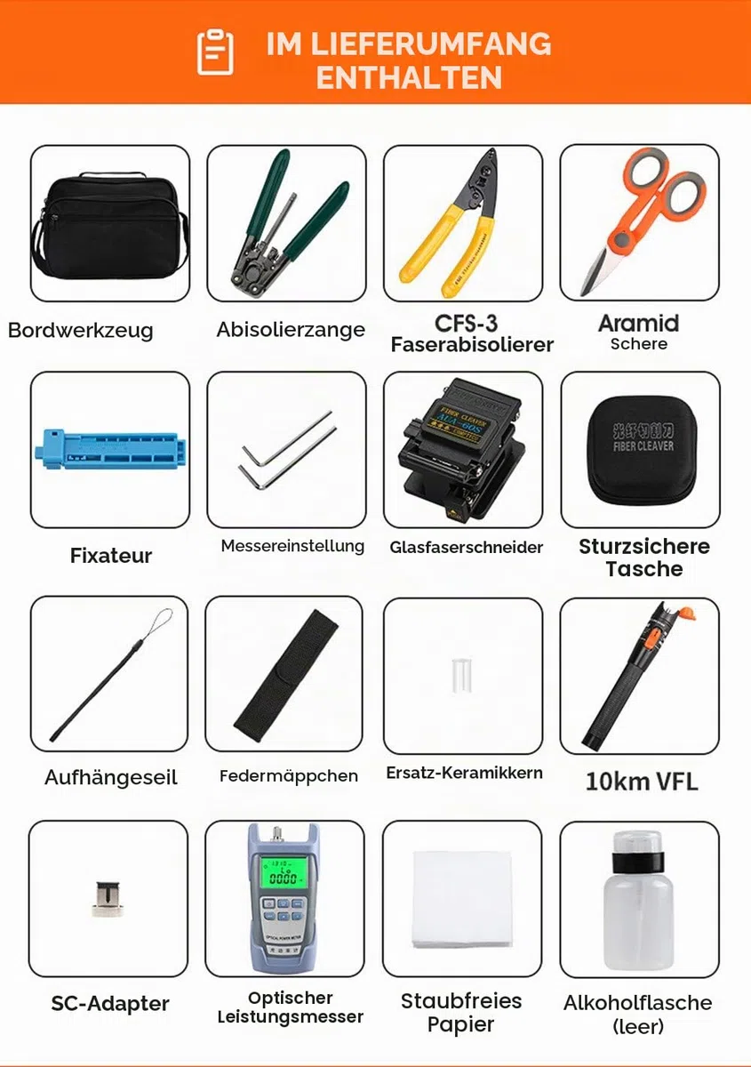 Osairous 16 Stück/Set FTTH Faser-Werkzeug mit Photometer, Glasfaser, AUA-60S, Visueller Fehlersucher 10 km