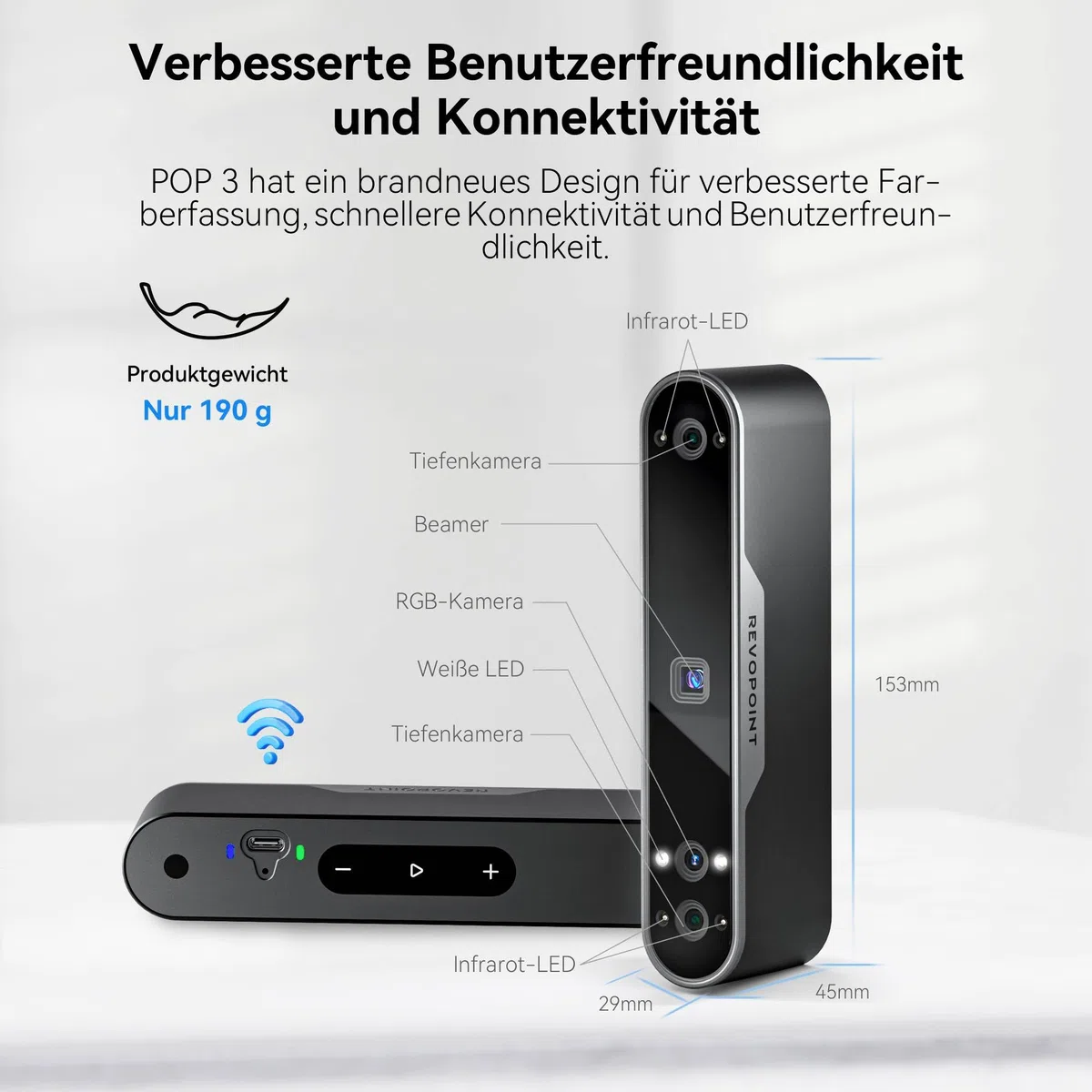 [2023 Upgrade] Revopoint POP 3 Handheld 3D-Scanner für 3D-Drucker mit Farbdaten, 0,05 mm Präzision und einer Scangeschwindigkeit von bis zu 18 FPS, unterstützt Smartphones und Laptops-Advanced