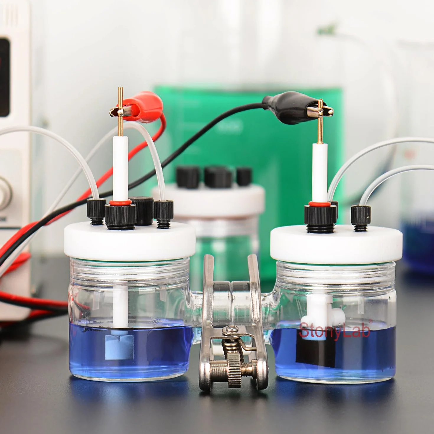 stonylab H-Typ Elektrolysezellen, Borosilikat Elektrochemische Zelle mit Doppelter Austauschbarer Ionenaustauschmembran Elektrolysezelle, Versiegelte Elektrochemische Zellen mit PTFE-Deckeln, 50 ml