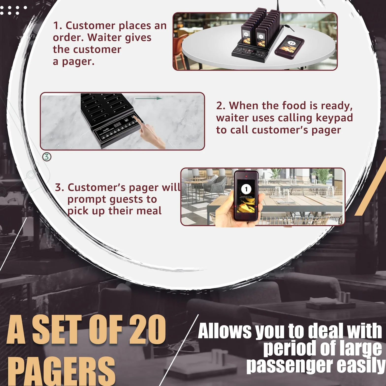 Retekess T112 Pager Rufsystem, 500M Pager Gastronomie, 20 Pager, 360 mAh Akku 36H, 999 Kanale, Auswechselbares Werbepapier, Mit Stummschalttaste, Aufrufsystem für Hotels, Bars, Cafés