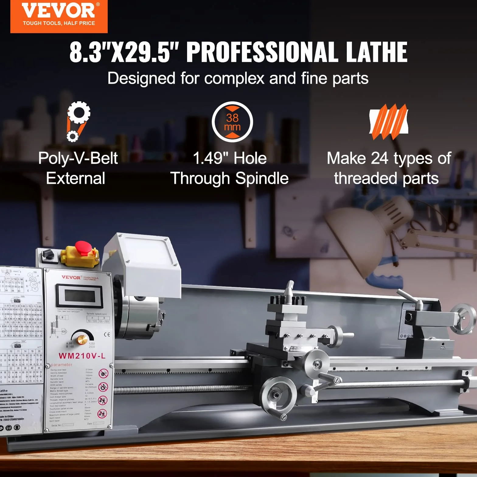 VEVOR Metalldrehmaschine 211x750mm Drehbank Metall 50-2500U/min Tischdrehbank Tischdrehmaschine 750W 14x metrische (von 0,3 bis 3 mm) 10x zöllige (von 10 bis 44 TPI) Gewinde MT5 Spindelkonus