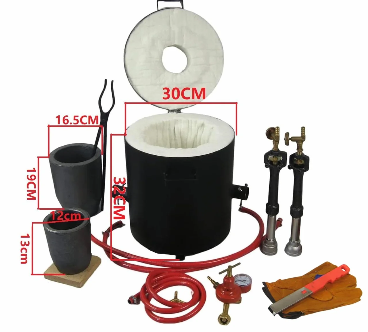 16KG Propangas-Schmelzofen-Set Dual Brennern, mit 2 Graphit-Tiegel(16KG&6KG), Zange und Handschuhe, Brennofen für Schmelzendes Metall Kupfer, Messing und Aluminium