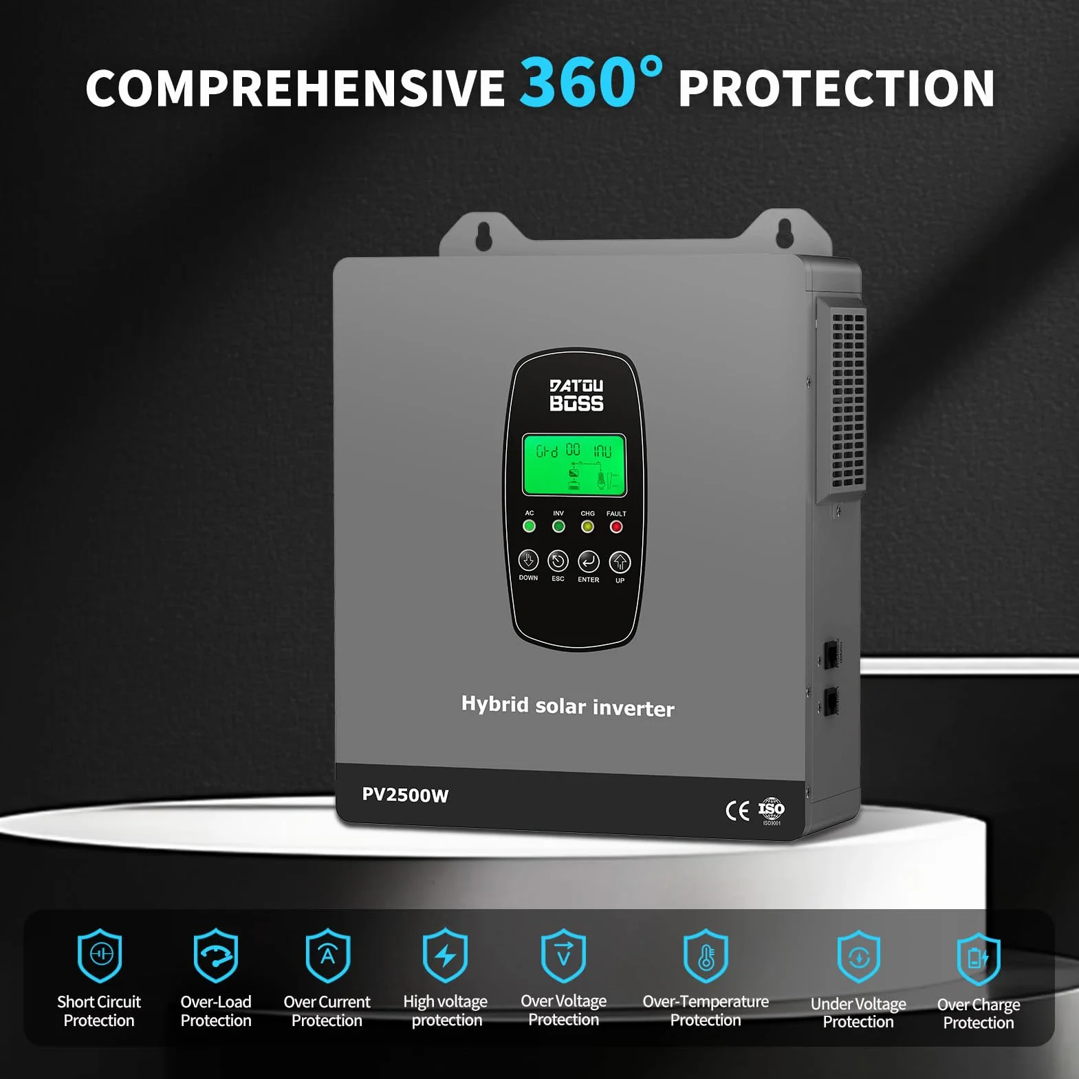 DATOUBOSS 1800W Solar Hybrid Wechselrichter 12V Reiner Sinus Wechselrichter mit 100A MPPT Solarladeregler,2500W PV Eingang,Unterstützt Batterielosen Betrieb,BMS-Schutzsystem.