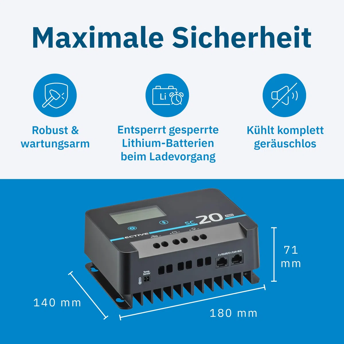 ECTIVE - Laderegler Solar 12/24 Volt SC 20 PRO - MPPT Solar-Laderegler 20A 100V mit Bluetooth – Solarladeregler Ladegerät für AGM, Gel, Lithium-Batterien - Solar Charge Controller ECE R10 Zertifiziert