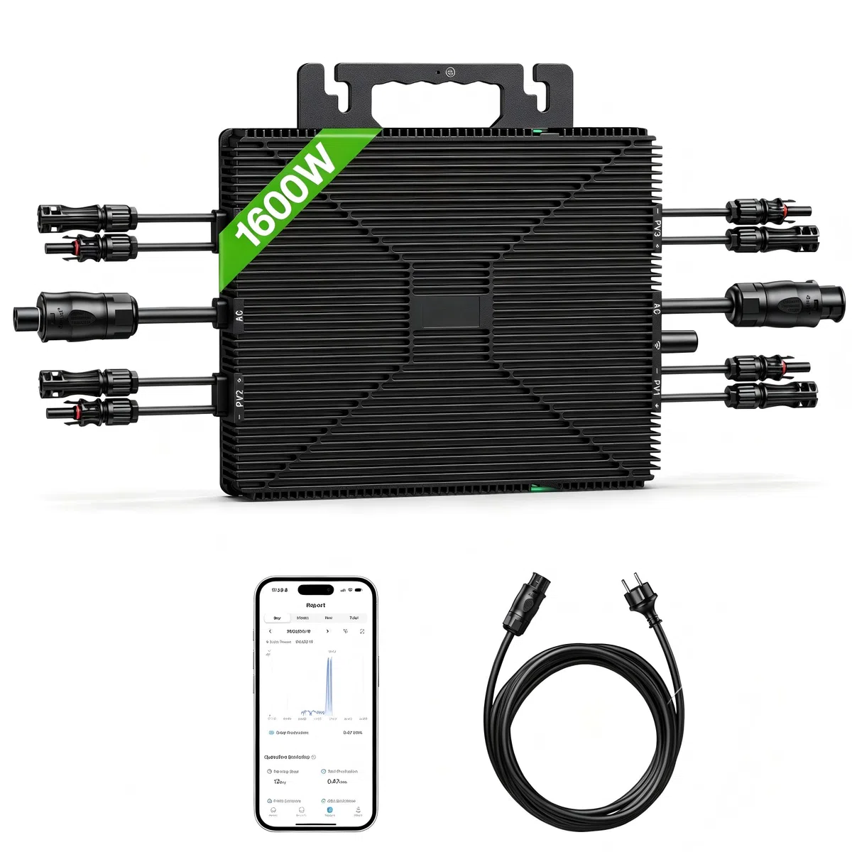 Balkonkraftwerk Wechselrichter 1600W, intelligenter Mikrowechselrichter mit WLAN & Bluetooth, Fernüberwachung per App, integriertes MPPT, IP67 wasserdicht sowie (1600W+5m KABLE)