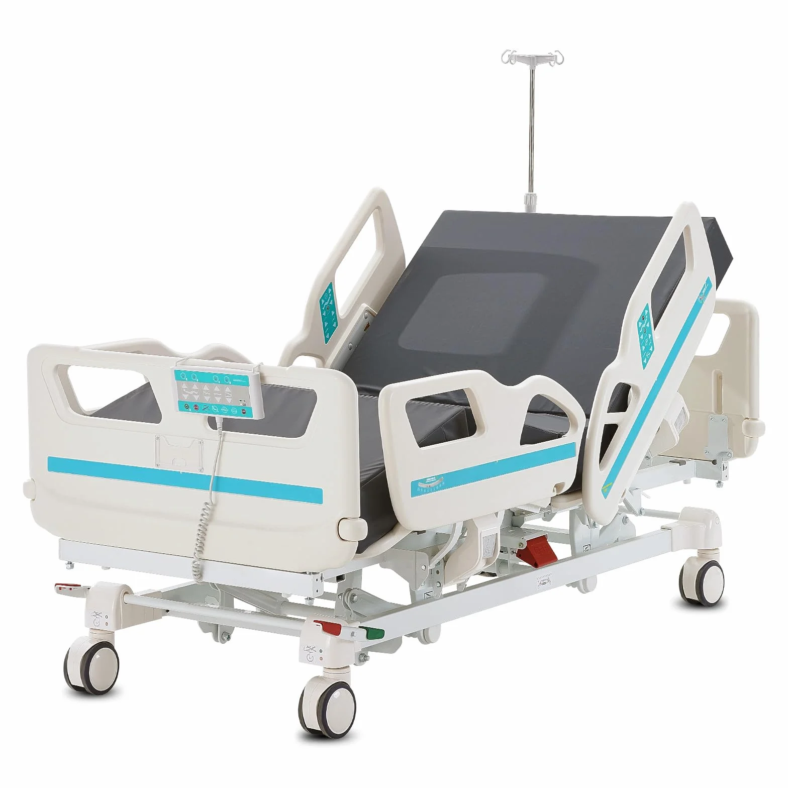 VEVOR Elektrisches Krankenhausbett 250 kg Tragfähigkeit mit Kardiostuhlposition, Trendelenburg und umgekehrter Trendelenburg, 12,7 cm Feststellrollen, Pflegebett 5 Funktionen für Heimkrankenhaus