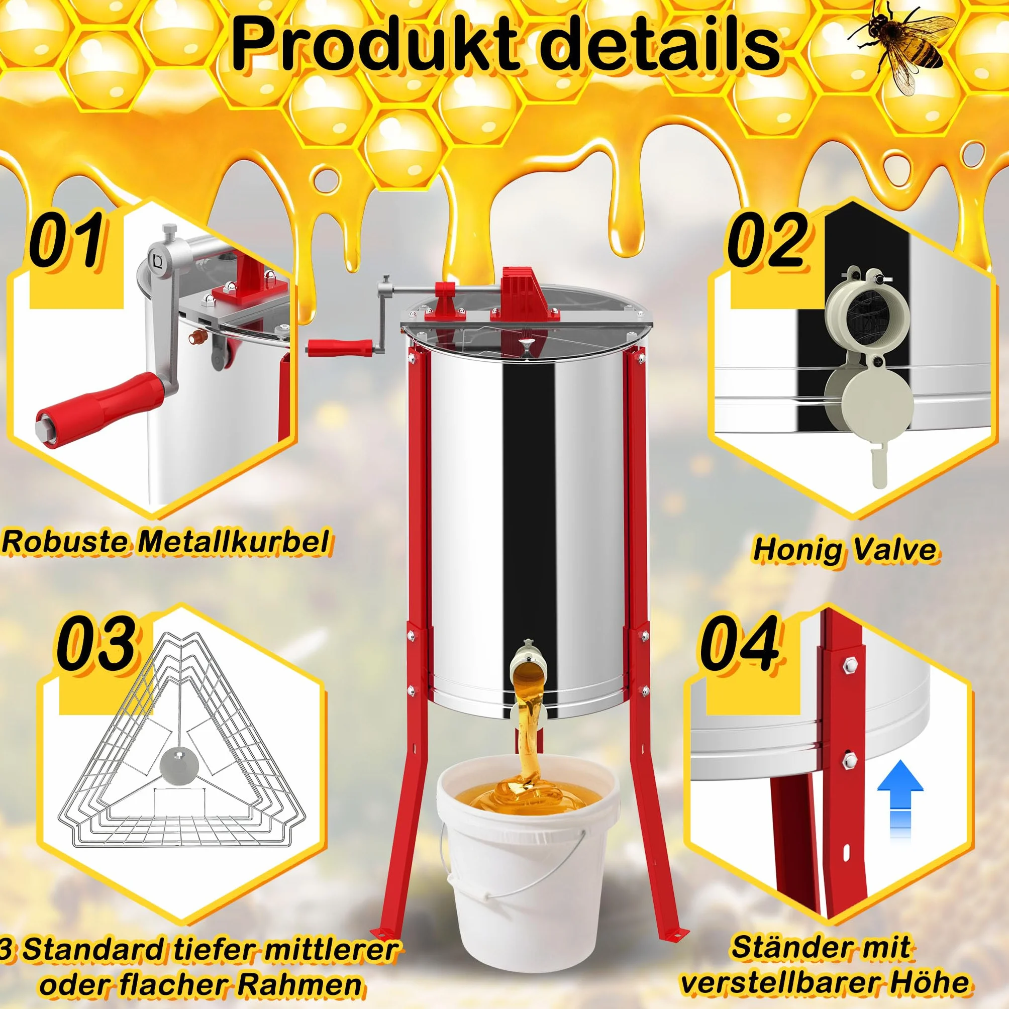 UISEBRT Manuelle Honigschleuder aus Edelstahl 3 Waben | Honigextraktor Tangentialschleuder mit Deckel und Verstellbarem Ständer 101-111cm | Handbetriebene Honigpresse für Imker | Ø 38cm