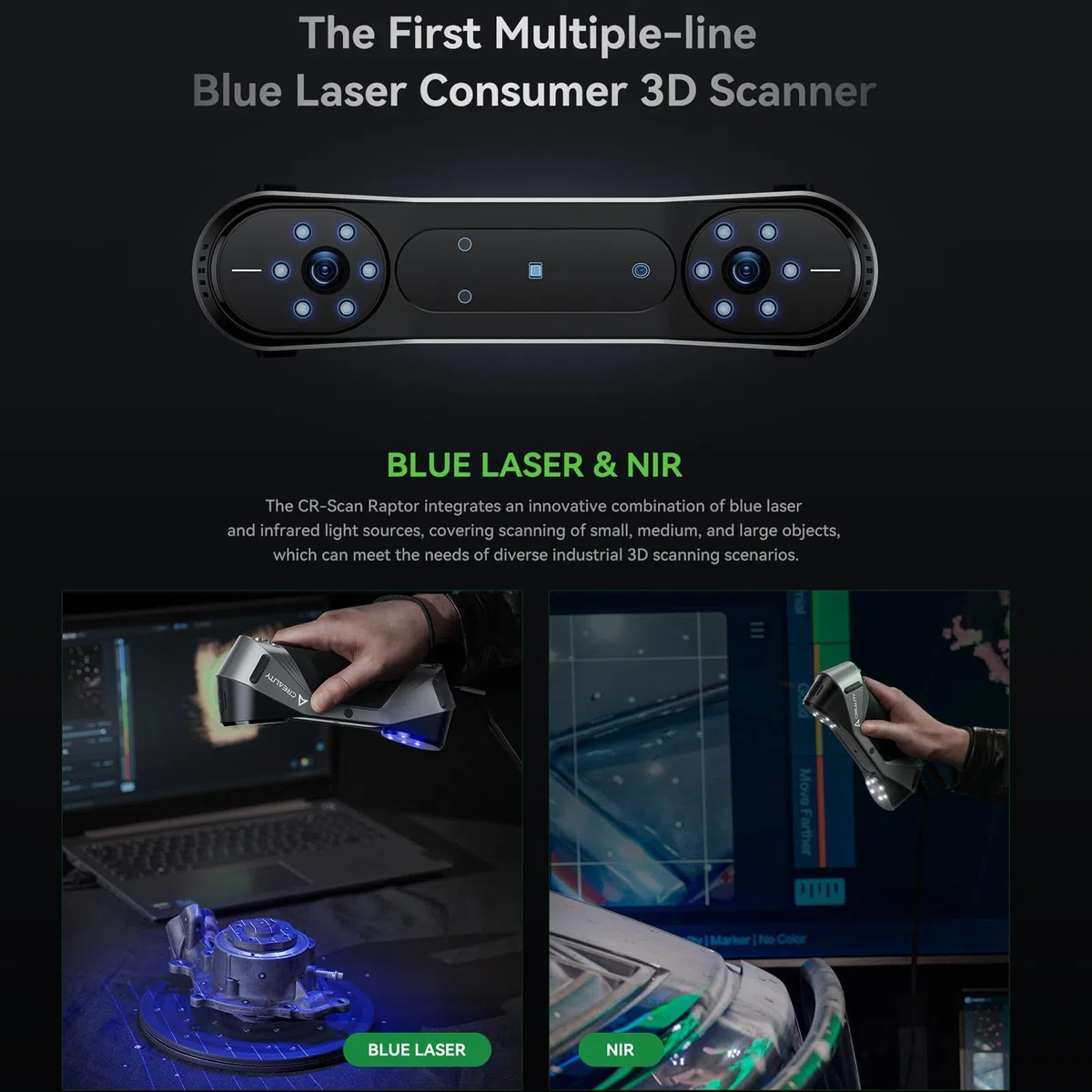 Creality CR-Scan Raptor 3D Scanner, Handscanner für 3D Drucker mit Mehrzeilen Blue & NIR Technologie, 0,02mm Genauigkeit, Anti-Schütteln-Tracking, unterstützt Objekte von 5-2000mm für Windows Mac