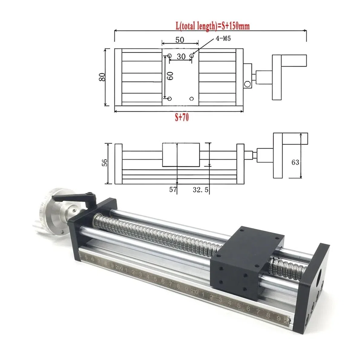 Linearführungsschienen-Set, Werkbank-Linearführung, Manueller Schiebetisch, 100–500 Mm Hub, Kugelumlaufspindel, SFU1204, Handrad, Lineare Bühne, CNC-Tischkreissäge(50MM Stroke)