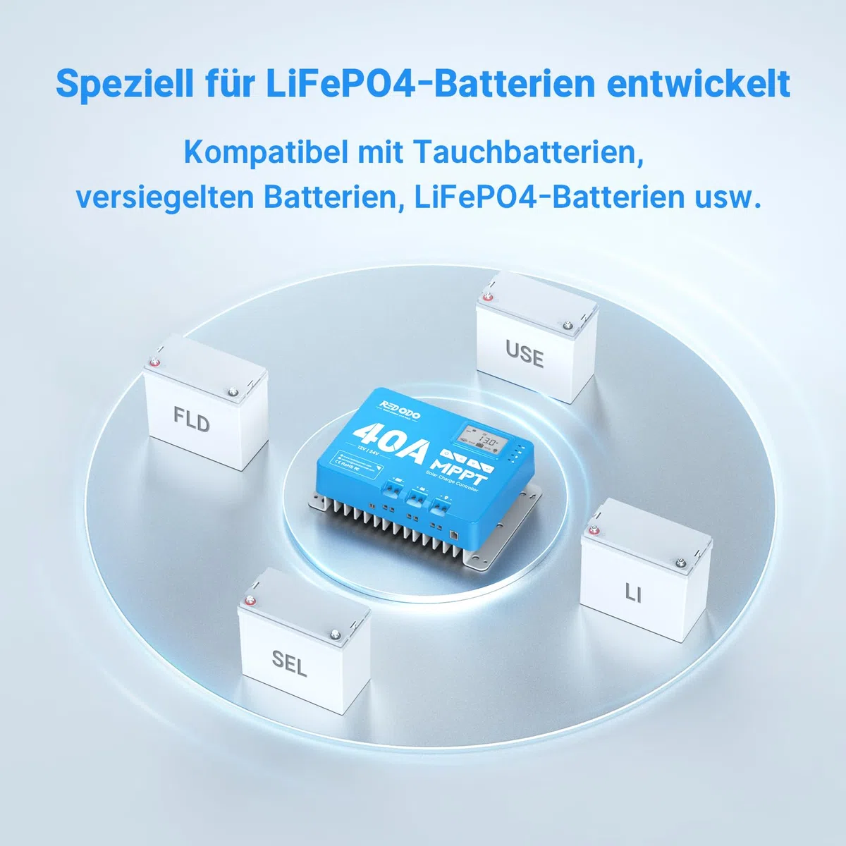 Redodo 40A MPPT 12V/24V Auto DC Input Solarladeregler mit eingebautem Bluetooth Modul, Parameter verstellbare LCD Display LED Anzeige