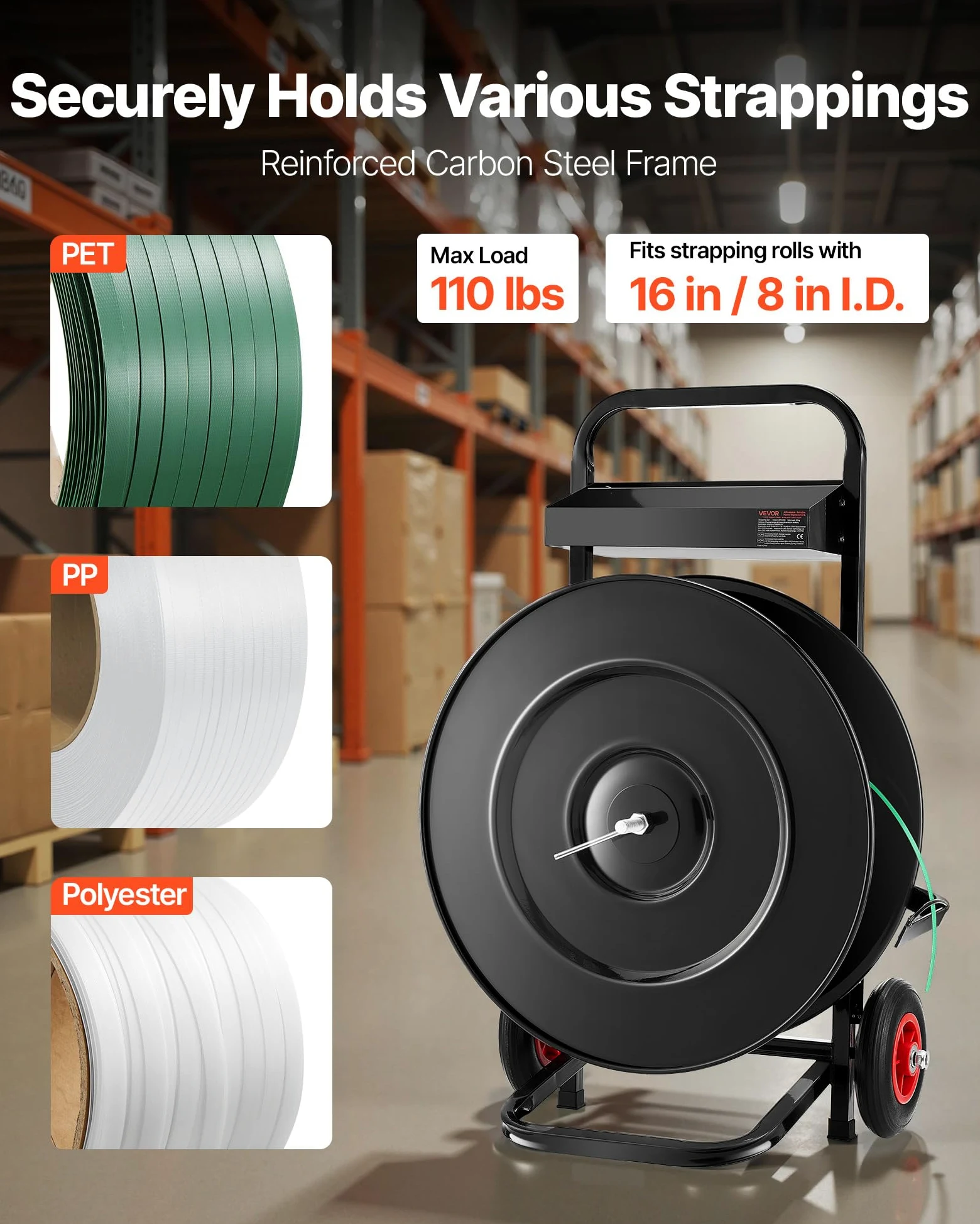 VEVOR Abrollwagen, passend für PET/PP/Polyester-Umreifungsrollen mit 203/406 mm Kerngröße, Umreifungsspender mit verbessertem Bremssystem, integrierte geräumige Ablage für Werkzeuge