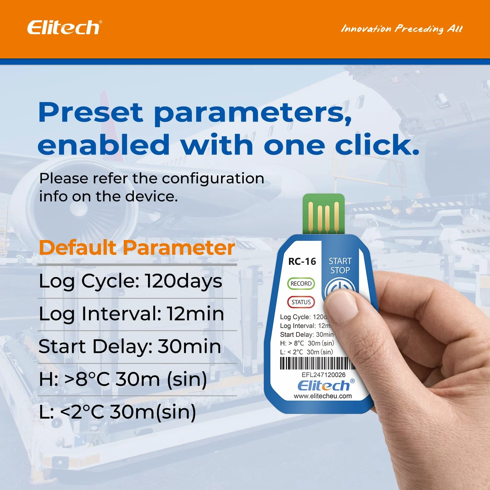 Elitech 10 Pack EU-RC-16 Einweg-Temperaturlogger USB 120 Tage Daueraufzeichnung für Lebensmittel Medikamente & Impfstoff-Kühlketten Alarmfunktion,IP67 Wasserschutz